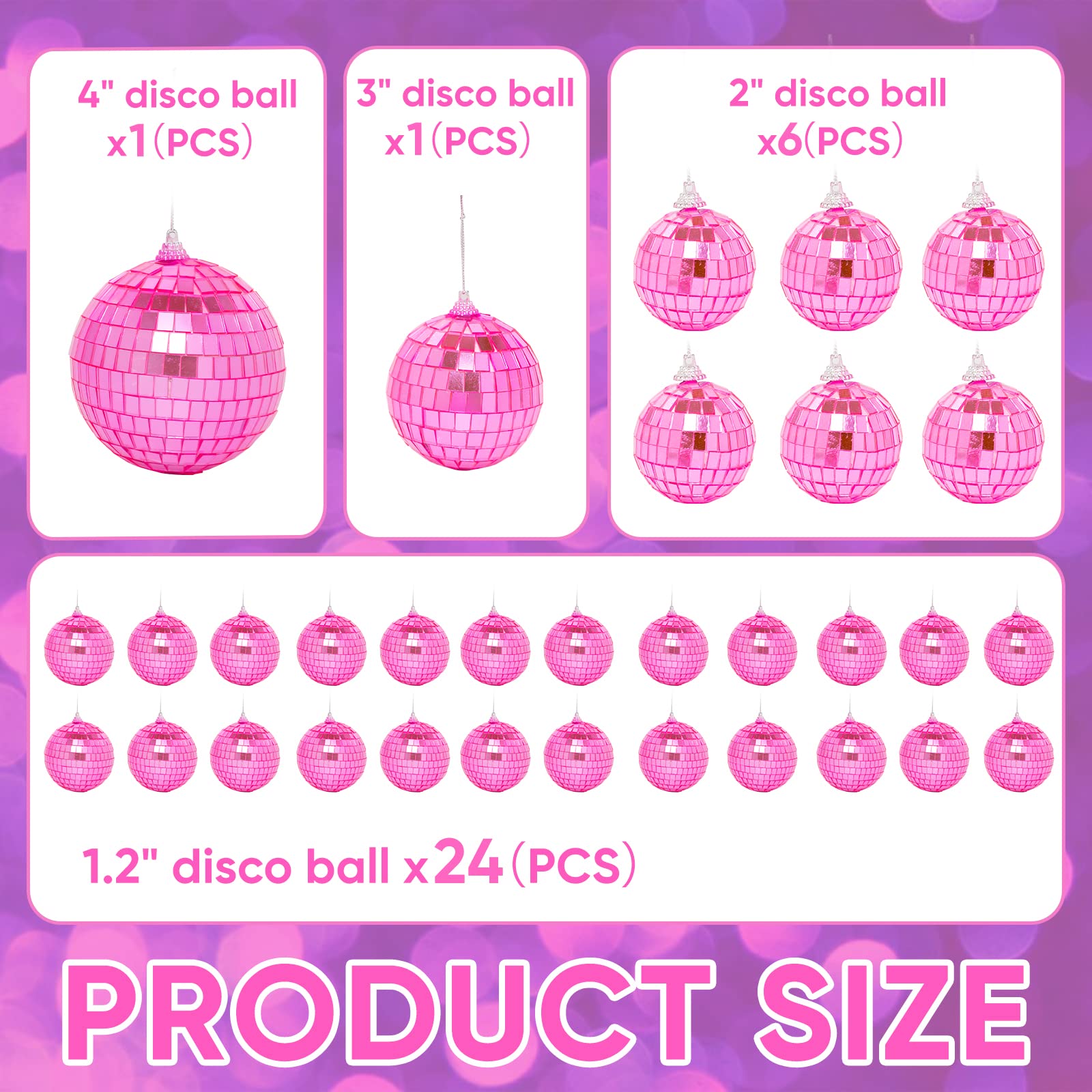 32 Pack Mini Disco Balls Decorations Different Sizes Mirror Ball With Hanging String Small Disco Ball Ornament For Disco Theme Party Cake Topper Dj Club Christmas Wedding Home Decor (Pink)