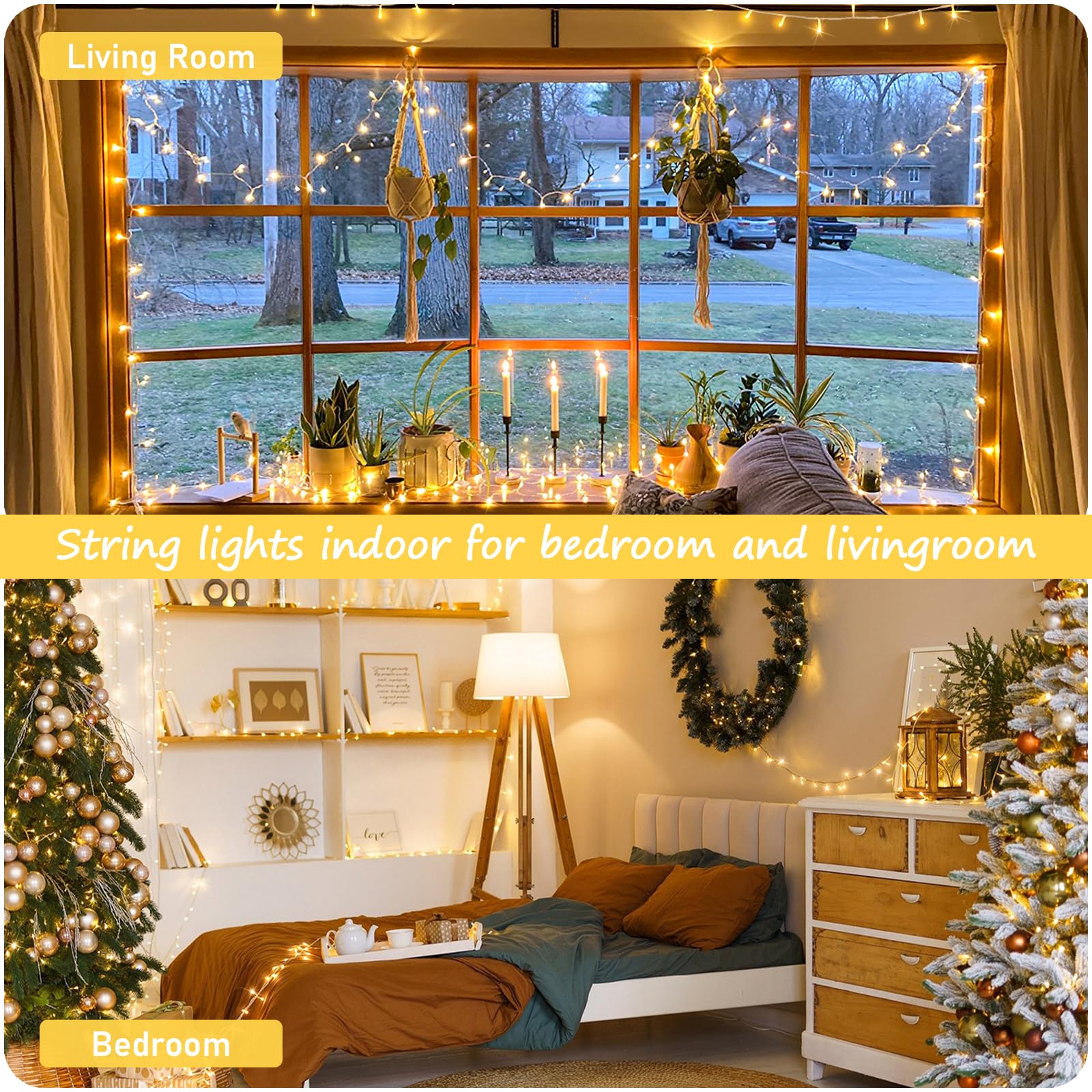 POTIVE Warm White Christmas String Lights - 200 LED Twinkle Lights, 66ft, Copper, Indoor/Outdoor Decor, Model EXS-S-0200