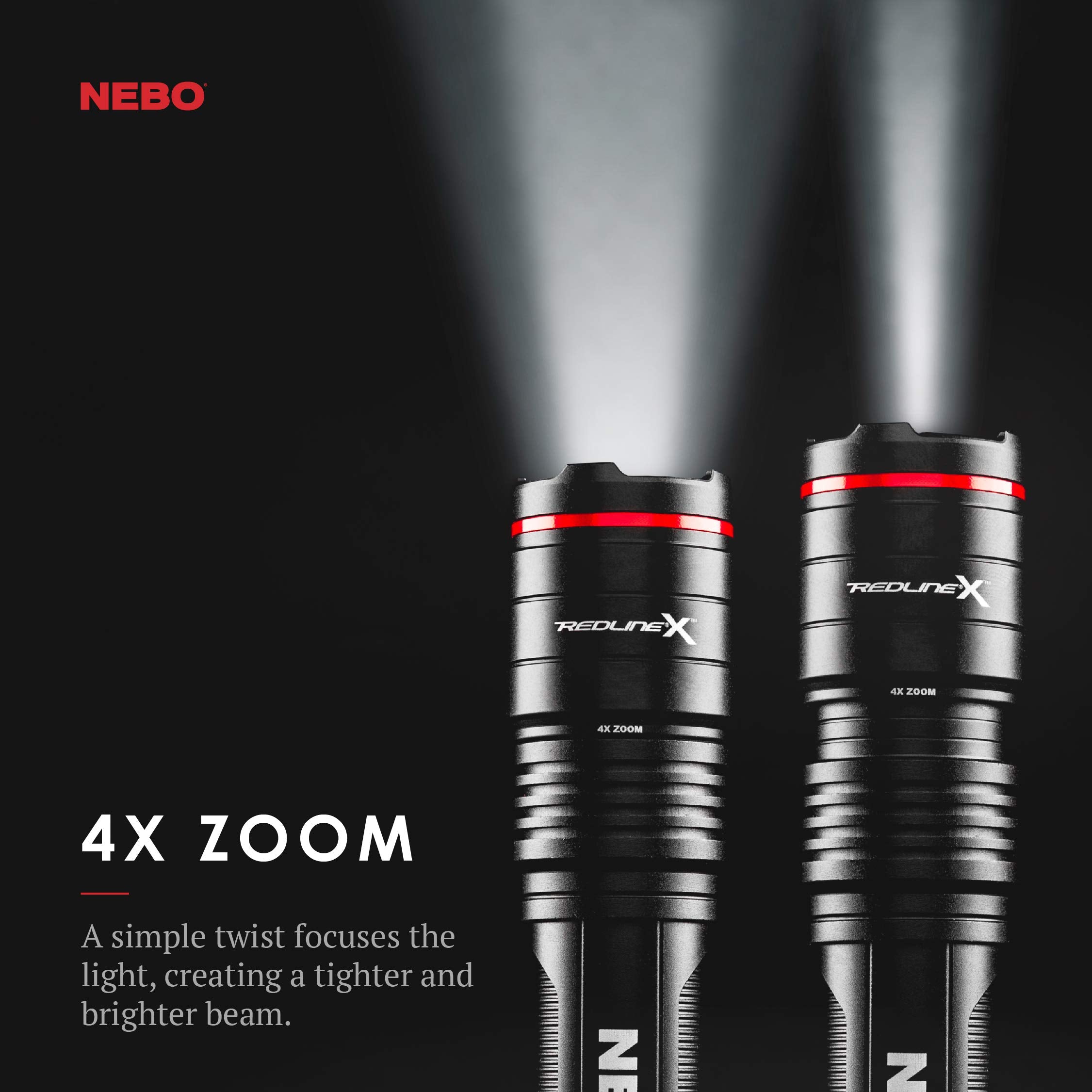 NEBO Redline-X Rechargeable Waterproof Flashlight: 1800 lumen, 4x zoom, Switch-X technology; patented paddle switching mechanism