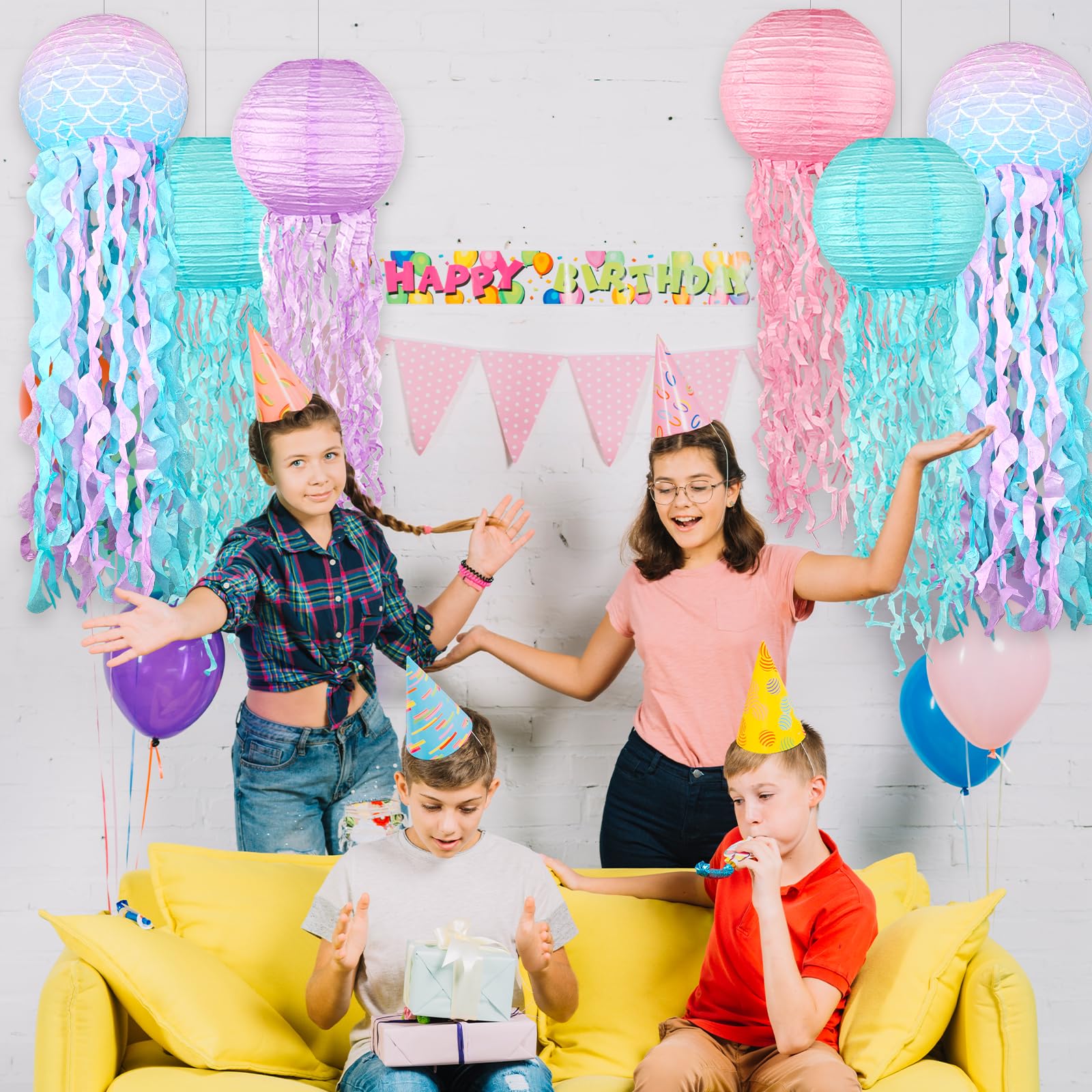 Blue Pink Purple Hanging Jelly Fish Paper Lanterns, Gradient Colorful Paper Lanterns For Mermaid Theme Party, Under The Sea Birt