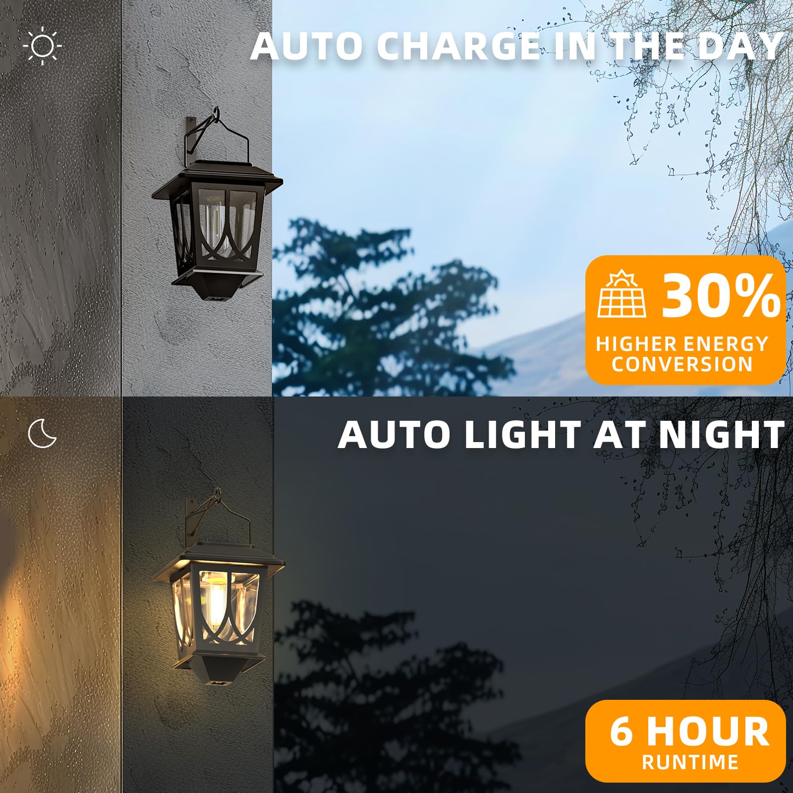 TEKLAPS Solar Lanterns, Waterproof Outdoor LED Lights, Clear Glass, Wall Mount, 2 Pack, Black, Stainless Steel #201, Model: Outdoor Lanterns