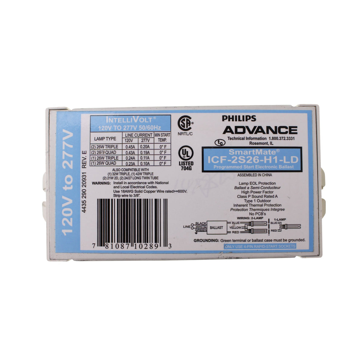 Philips Advance 10289 Icf-2S26-H1-Ld Compact Fluorescent Ballast, White, Glass,