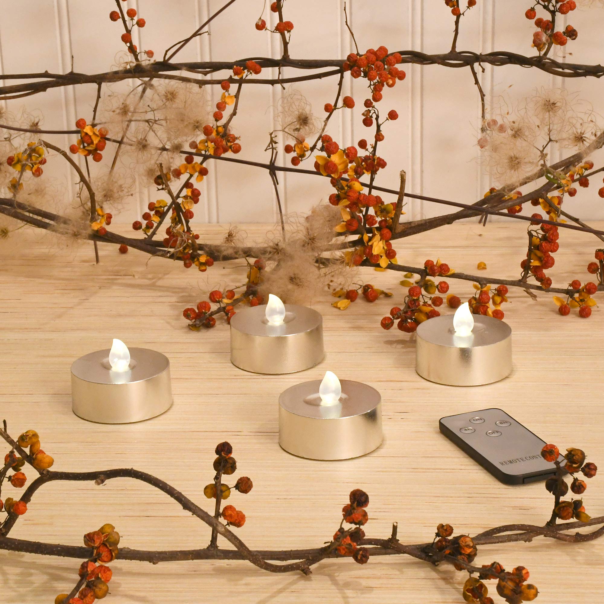 Lumabase Extra Large Silver Battery Operated Tea Lights Set of 4 with Remote Control, Model 84104, Plastic Material