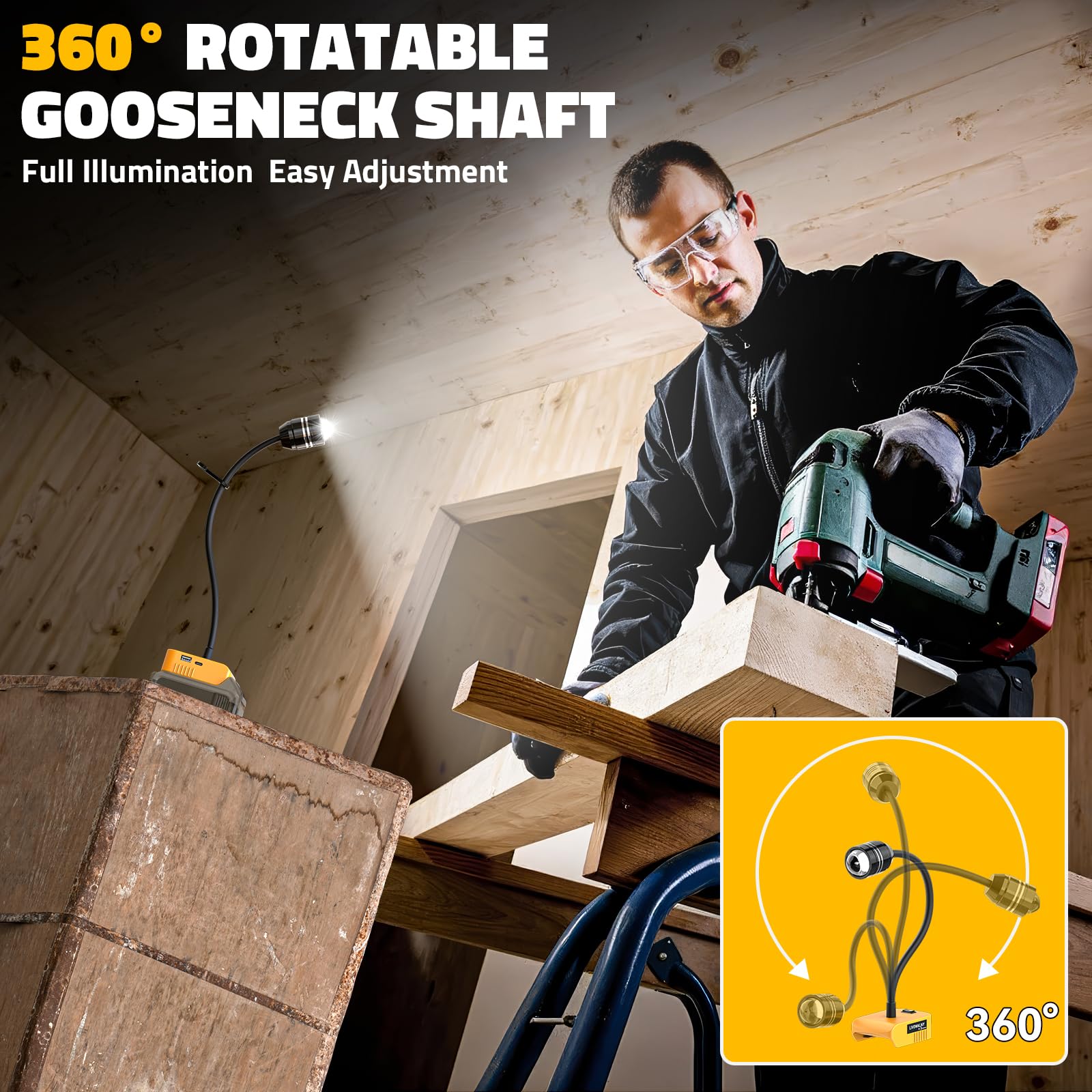 2Pcs Led Work Light For Dewalt 20V Battery, 20W 2000Lm Led Light Flood Light, 12'' Flexible Gooseneck, Flashlight Battery Light