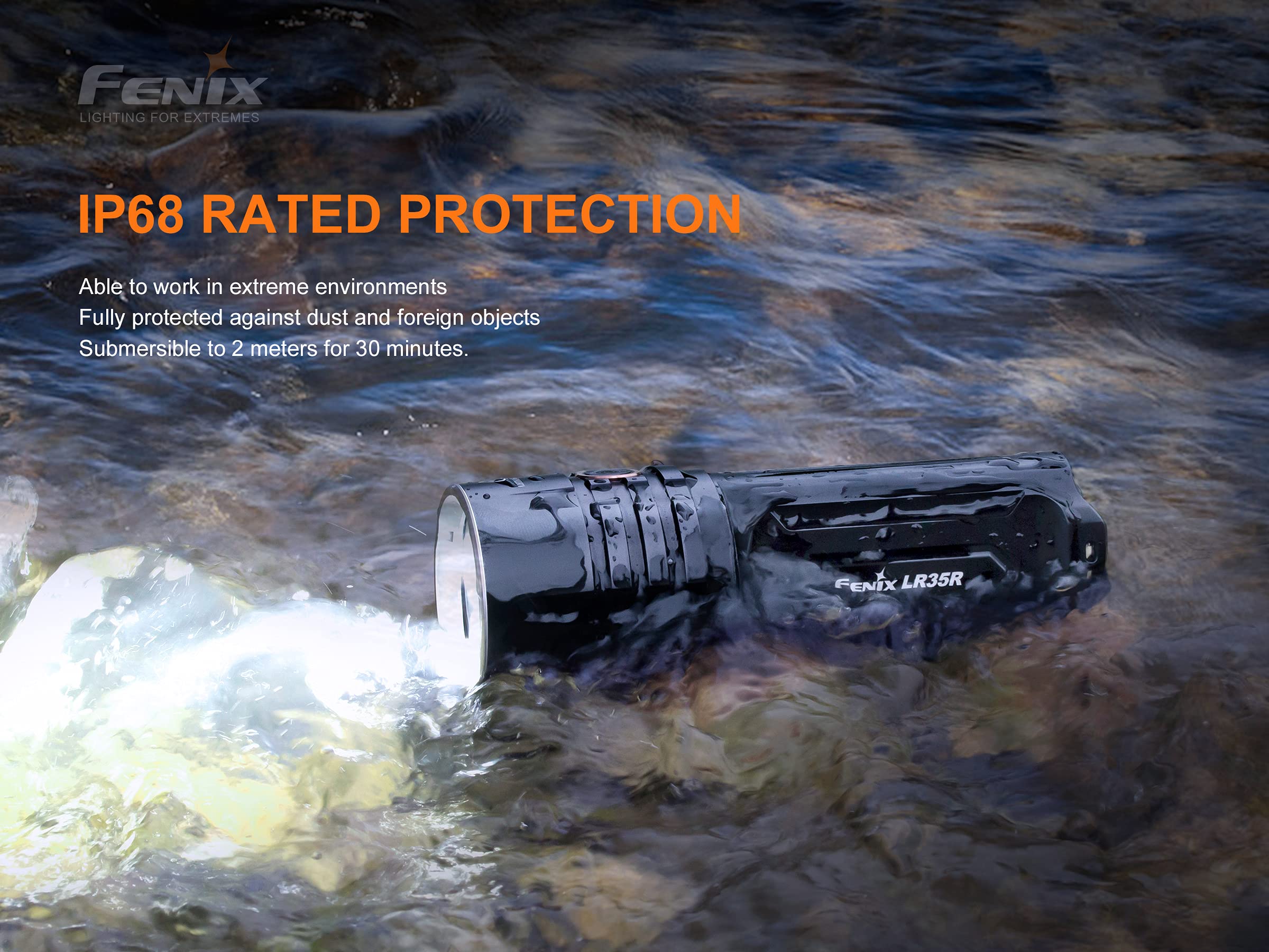 Fenix LR35R Rechargeable Flashlight, 10000 Lumen, Anodized Aluminum, Black, Long Throw