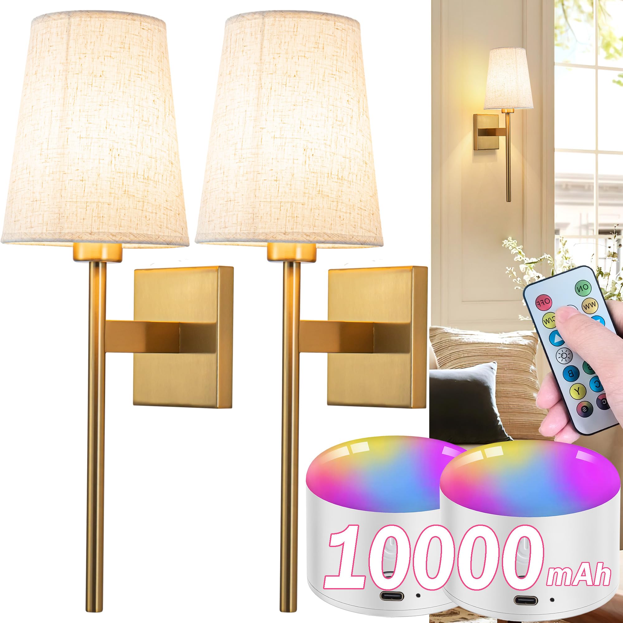 Battery Operated Wall Sconce Set Of Two, Wireless Wall Sconce Lighting With Remote Control, Indoor Dimmable Battery Operated Wal
