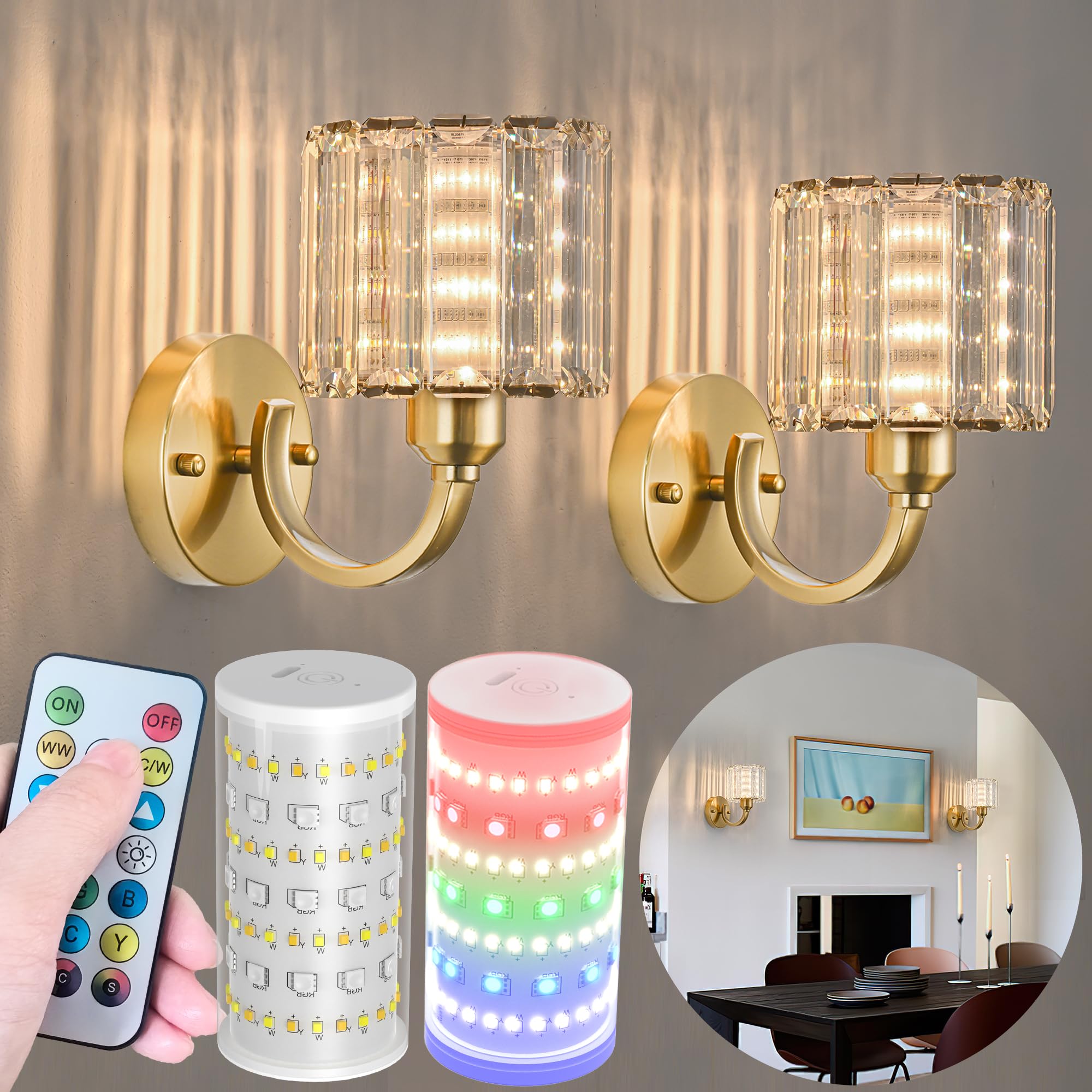 Wall Sconces Battery Operated Wall Lights Set Of Two, Wireless Rechargeable Wall Sconces With 10000Mah Rgb Light Bulb, Crystal W