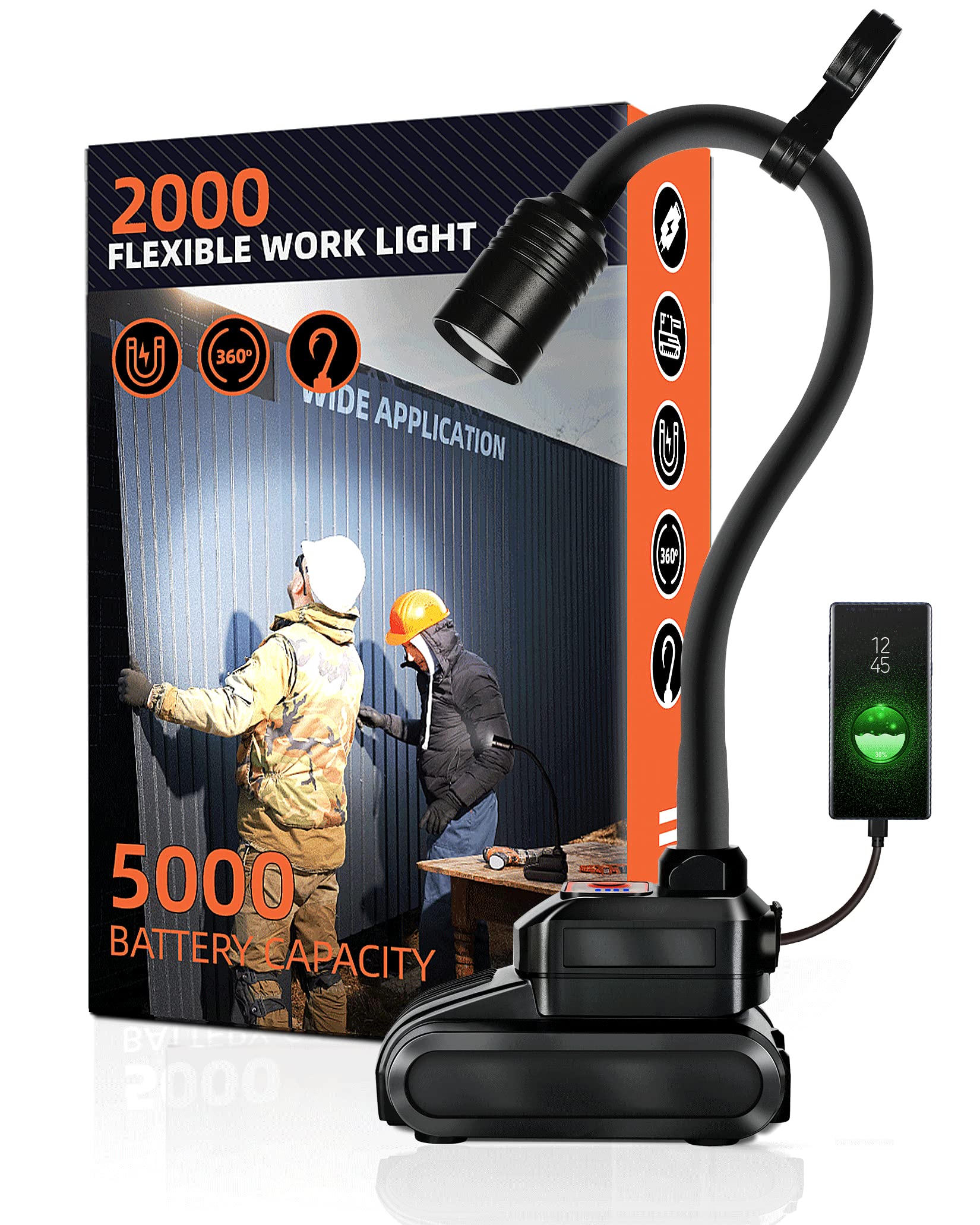 Favorlite Led Work Light, 5000Mah Magnetic Gooseneck Light Rechargeable, 2000 Lumen 360°Flexible Mechanic Light With Hook, Job Site Light For Men, Work Bench, Auto-Repairing, Emergency, Power Outage