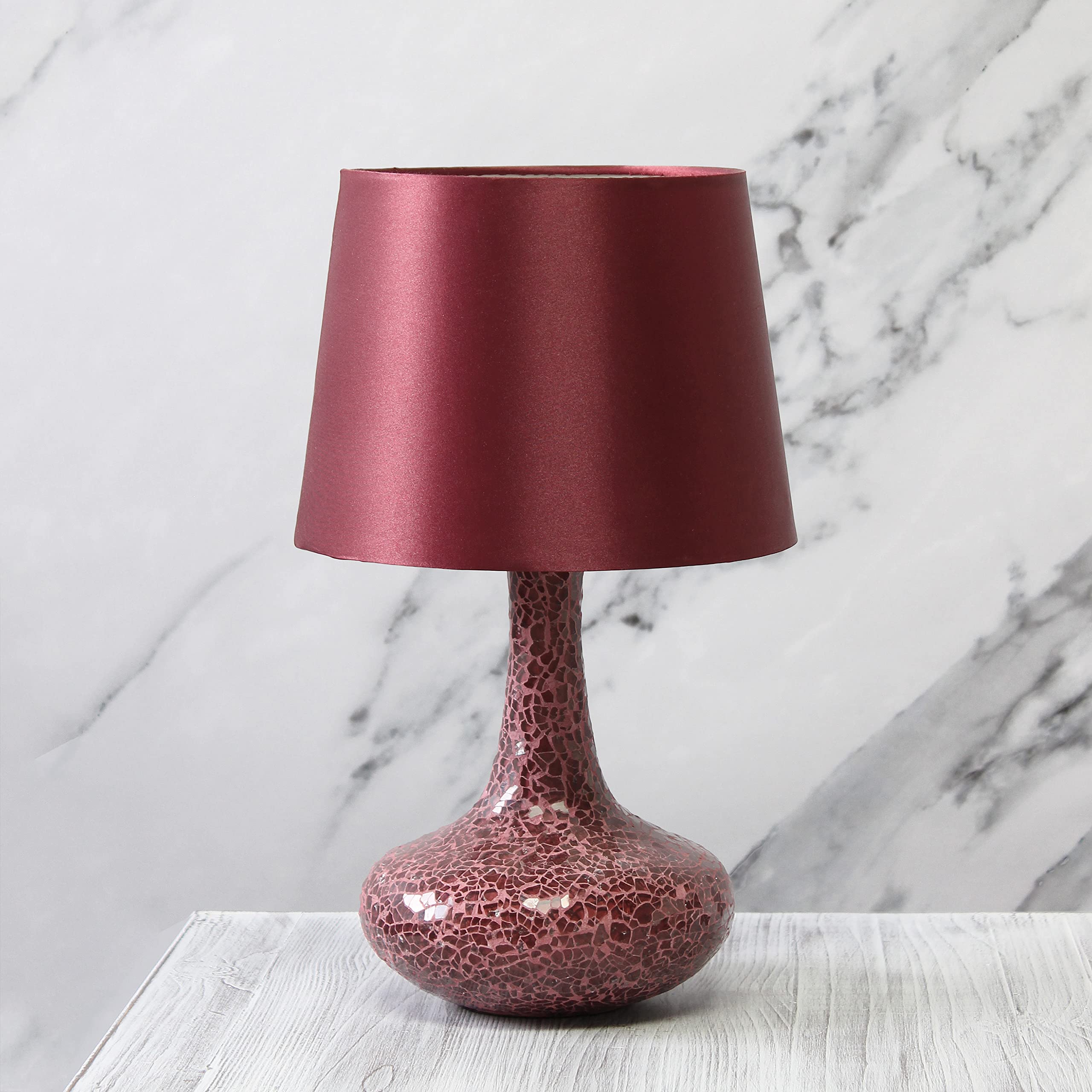 Simple Designs Lt3039-Red 14.17” Contemporary Mosaic Tiled Glass Genie Standard Table Lamp With Matching Fabric Shade For Home Décor, Bedroom, Living Room, Foyer, Office, Red