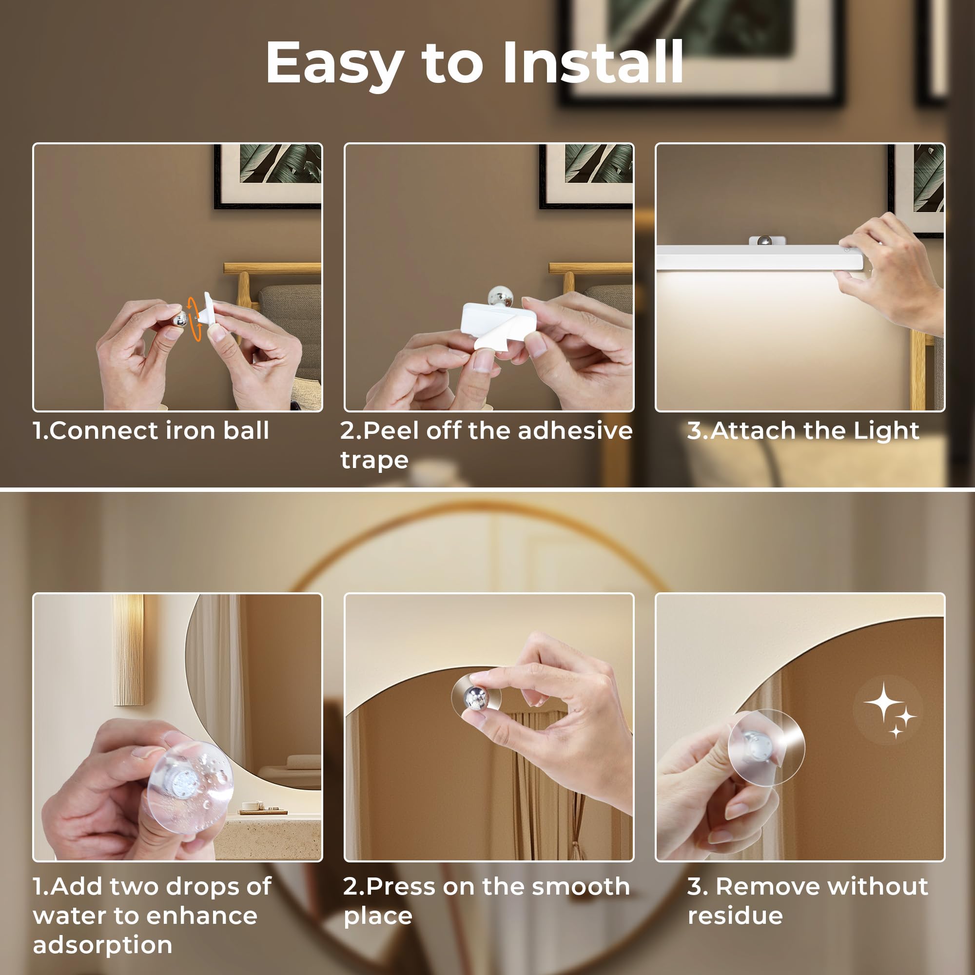 Benature LED Vanity Mirror Light, Rechargeable, Adjustable Brightness, 6500K, White, Model LCL025, Portable, Battery Operated