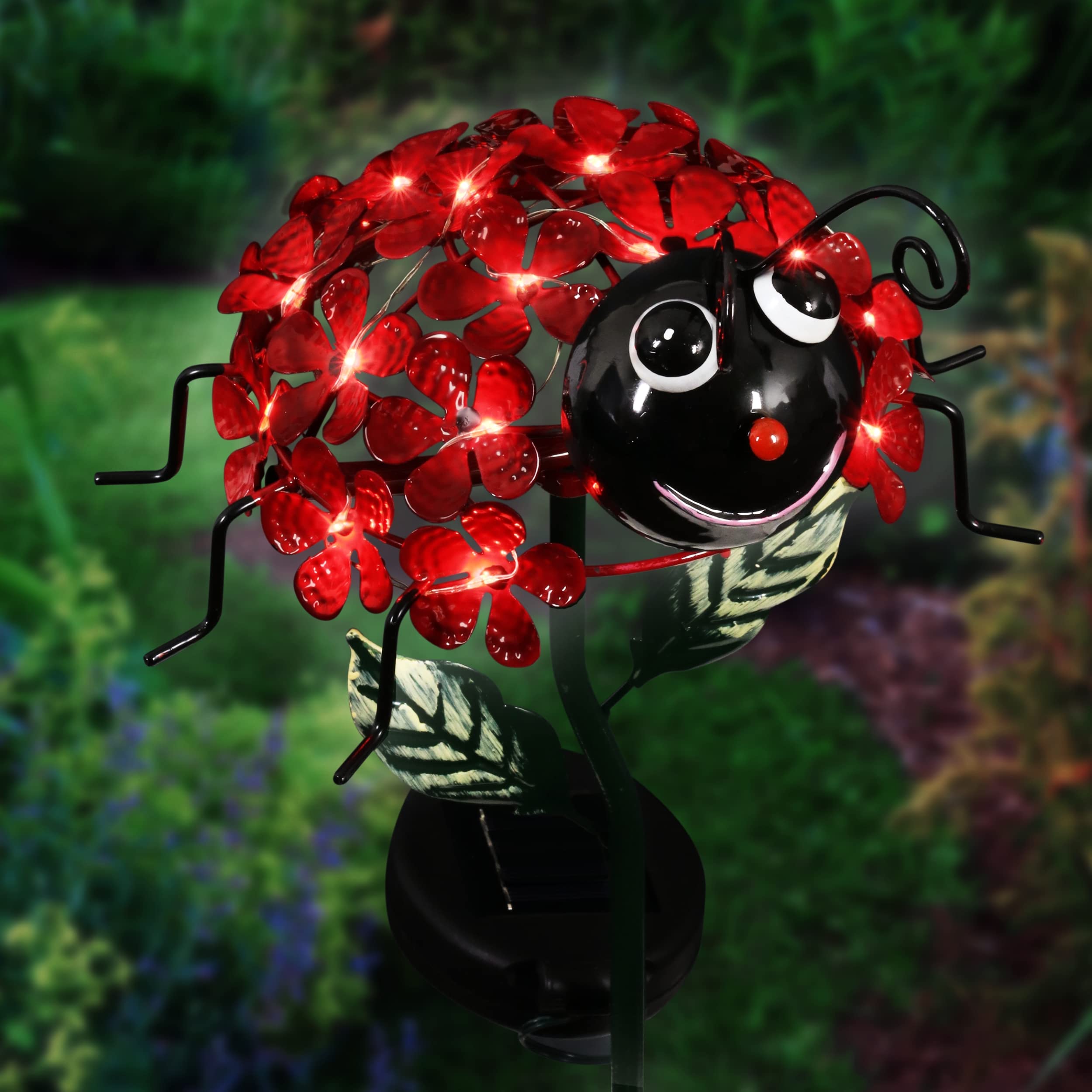 Exhart Garden Solar Lights, Decorative Red Ladybug With Flowers Garden Stake, 21 Leds, Cute Metal Outdoor Decoration, 8 X 26 Inc