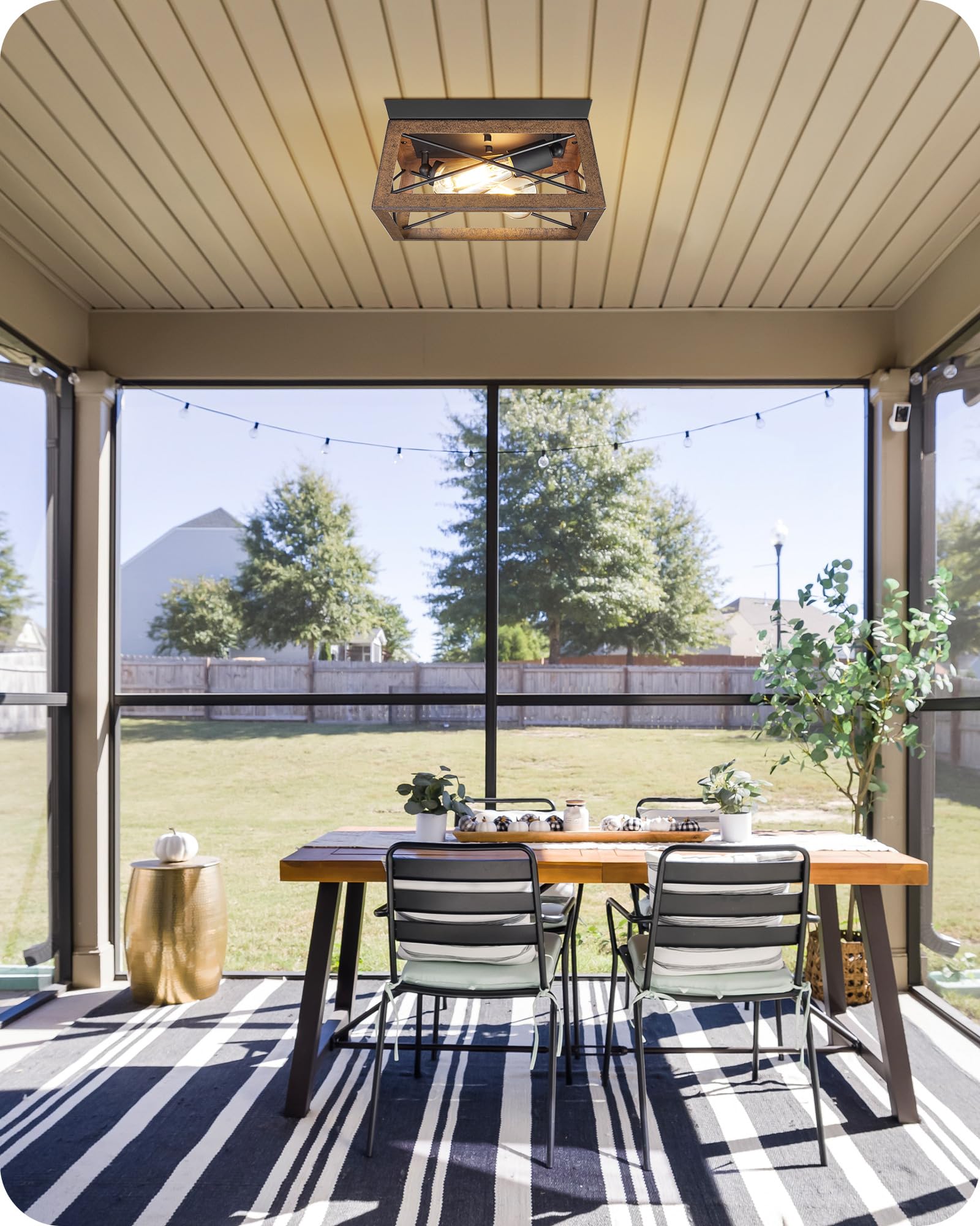 Goebleson Farmhouse Ceiling Light Fixture, Flush Mount Ceiling Light Fixtures, Metal Frame Brown Wood Grain, Rustic 2-Light Kitc