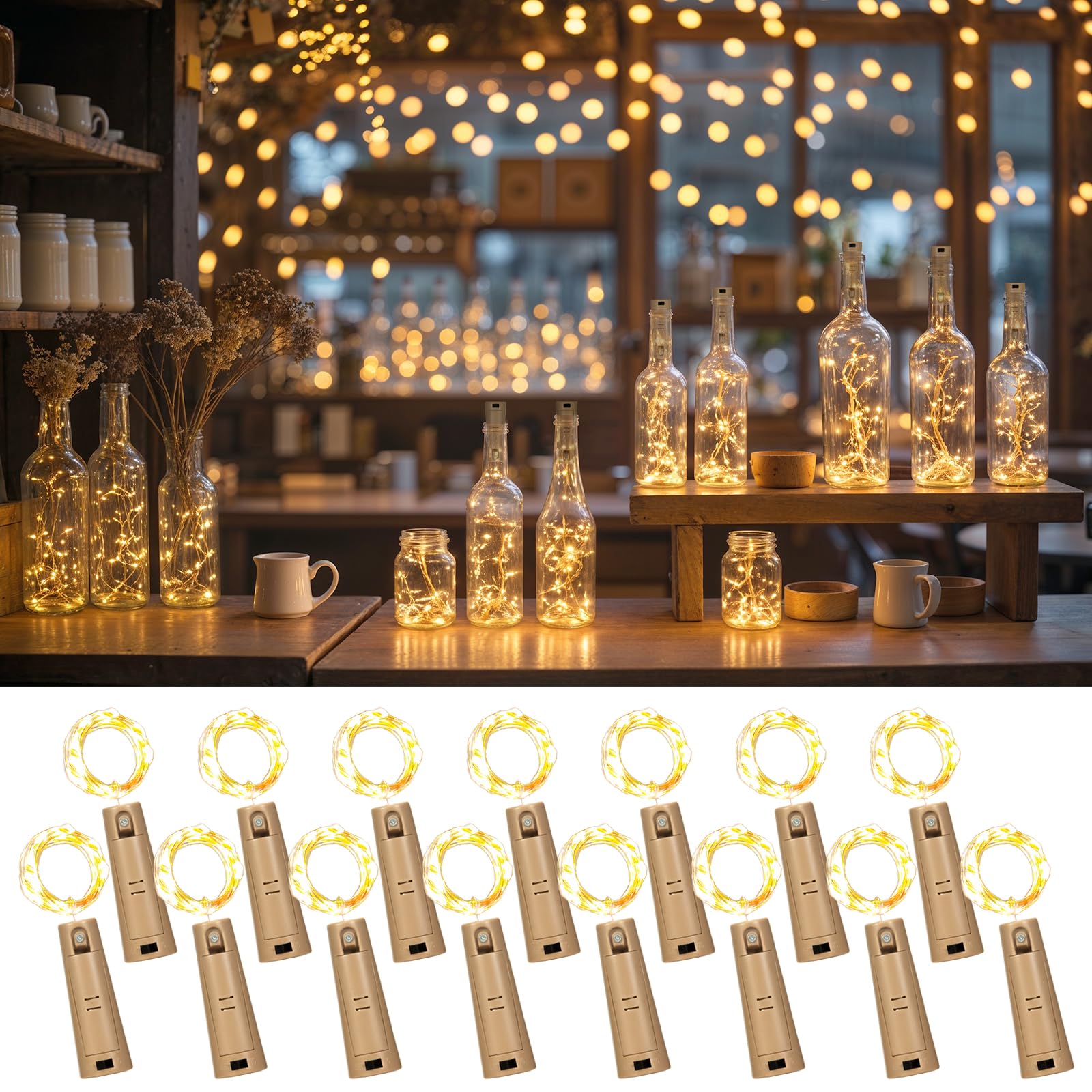 Etinga Dual Battery Pack Led Bottle Lights  6.6Ft 20Led Double The Lighting Time  For Indoor And Outdoor Use  For Christmas (15 Pack  Warm White(Dual Battery Pack))
