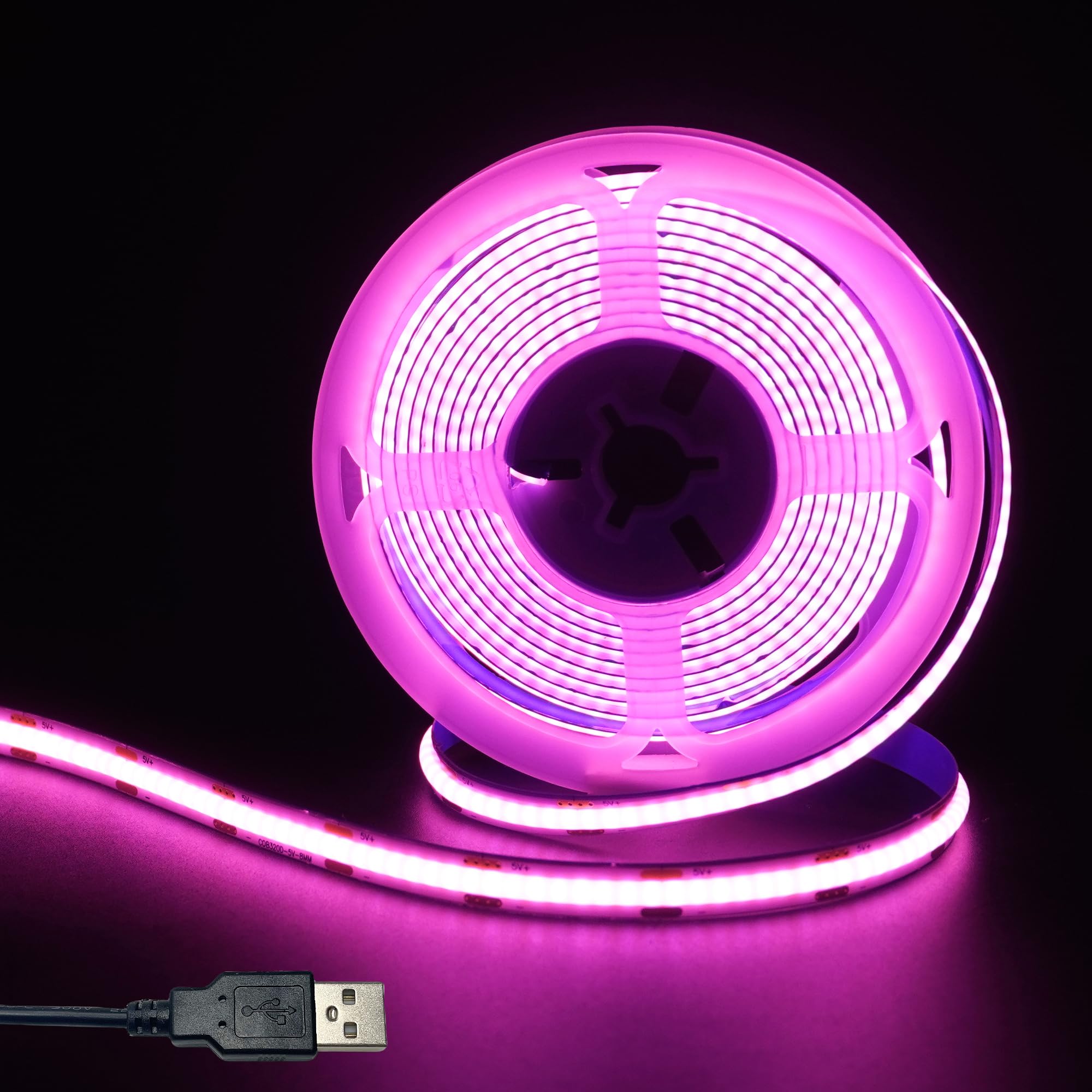 Clearhill 5V 8mm Width USB COB LED Band Lights Pink 320LEDs/M 8W/M CRI90 6.56FT/2M Electroplated Double-Sided Panel Light Band Waterproof IP20 Flexible Band for Indoor Decoration