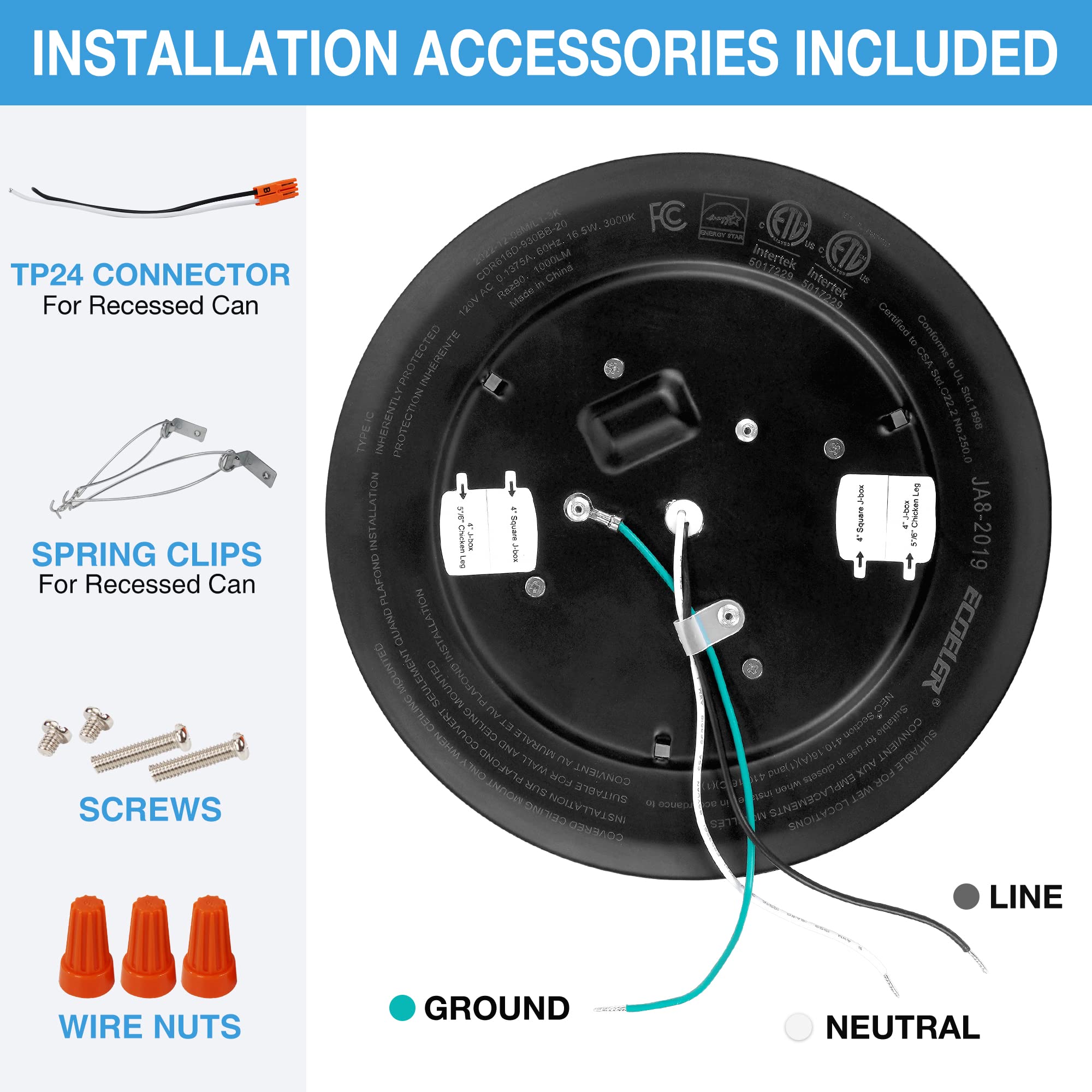Ecoeler 6Inch Led Flush Mount Disk Light, Dimmable Ceiling Lighting Fixture, 16.5W, 5000K Daylight, 1000Lm, Low Profile Black Tr