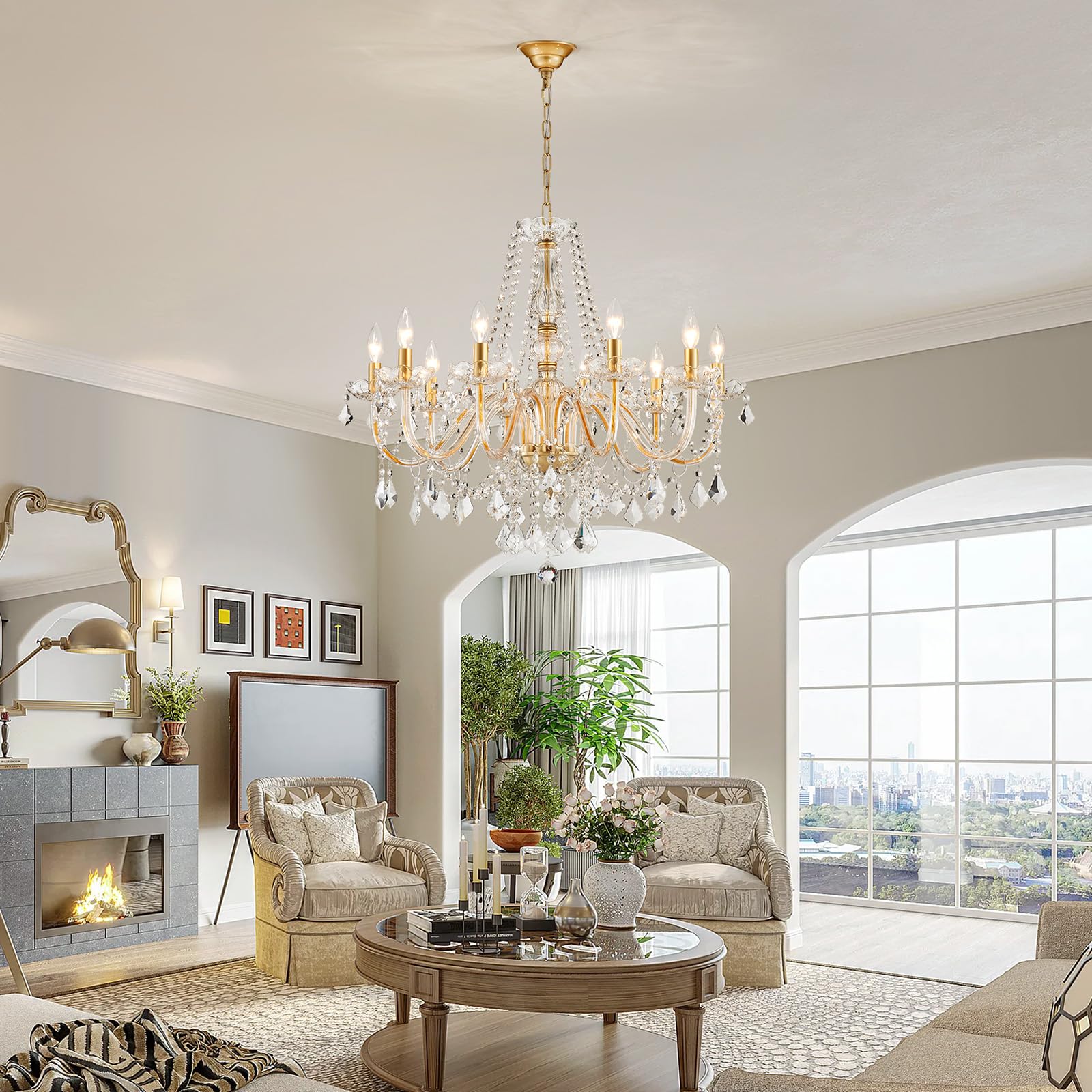 ANJIADENGSHI Large Crystal Chandelier, 10-Lights, Gold, 30.3in High x 26.8in Wide, Modern Design for Dining Room, Living Room,