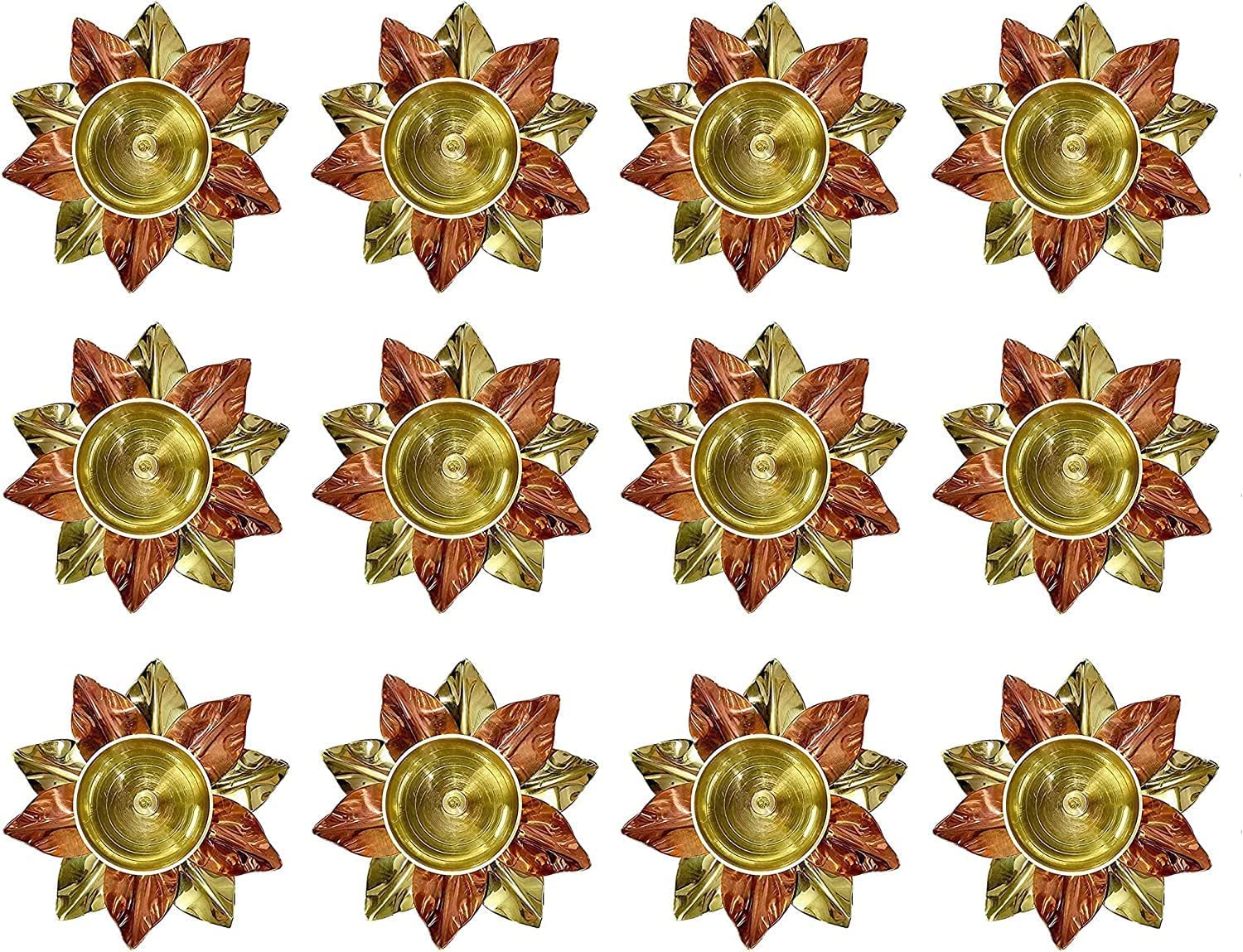 SATVIK 12 Pc Set of Brass Copper Lotus Flower Petals Kamal Shape Metal Akand Diya for Traditional Indian Festive Diwali Deepawali Puja Pooja Dia Home Temple Decoration Oil Lamp Gift Item