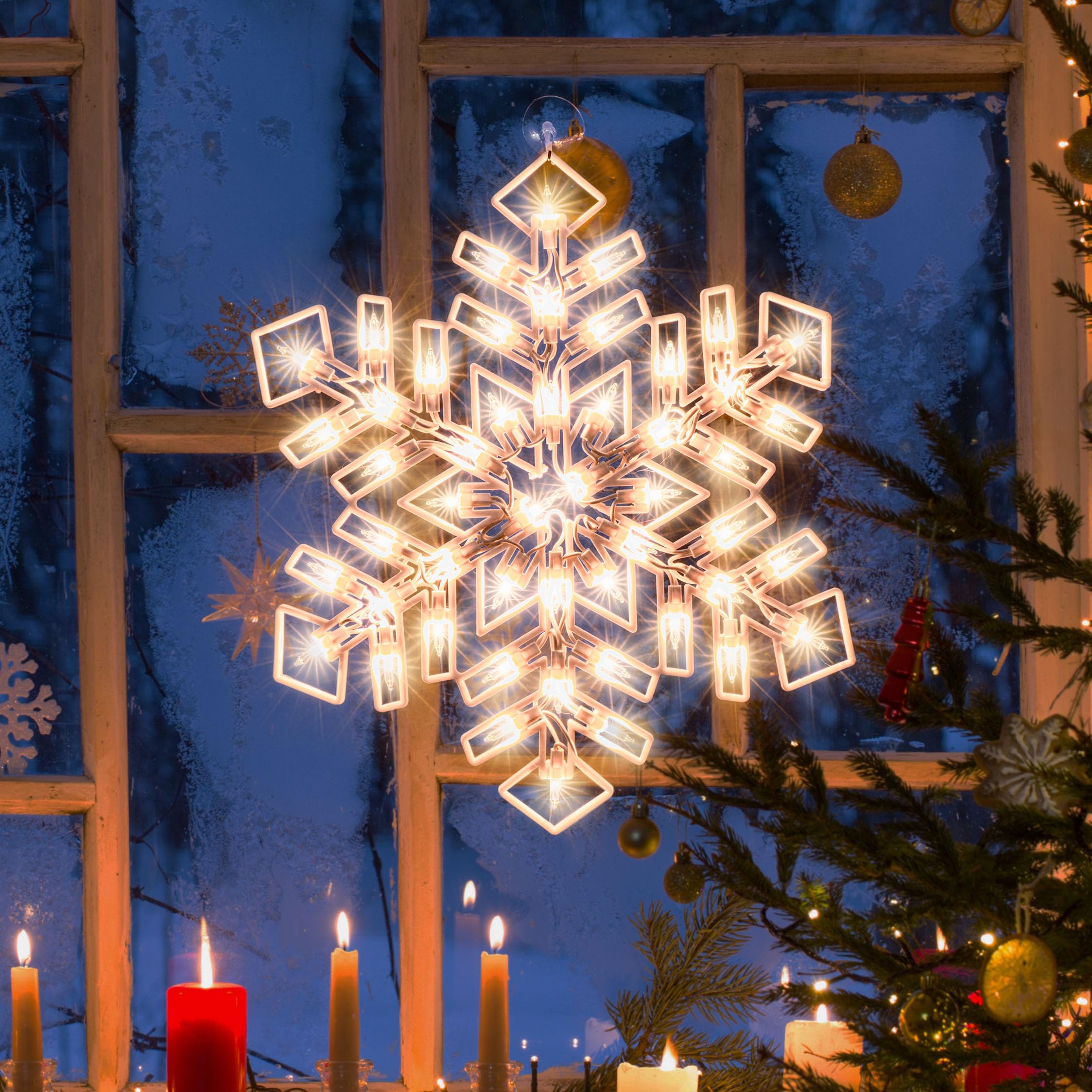 Justpro Christmas Window Silhouette Lights, Lighted Snowfalke Double Sided Decorations With 50 Count Incandescent Mini Light For Holiday Indoor Wall Door Glass Decor