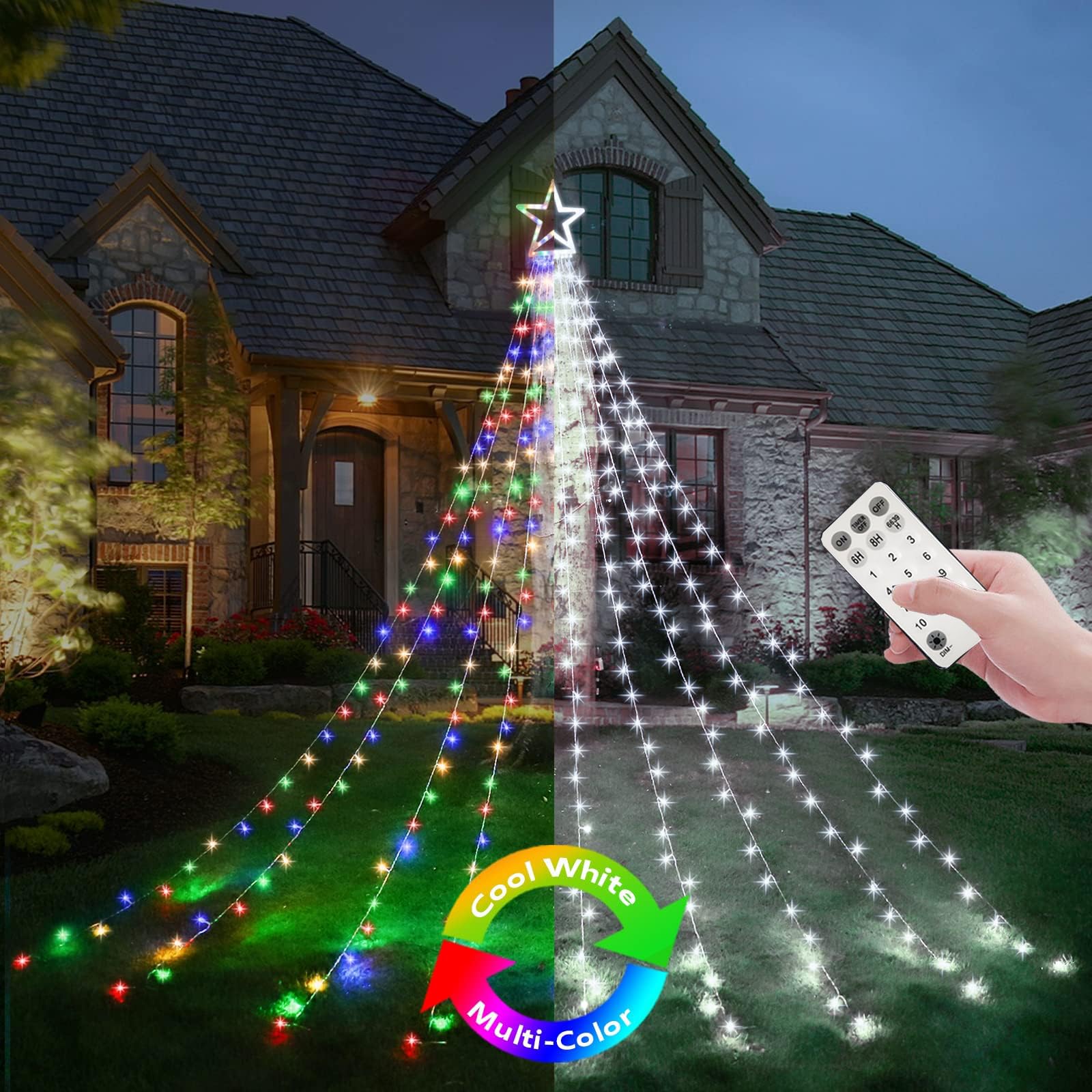 Decute Outdoor Christmas Decorations Star String Lights Color Changing Timer With Remote  Waterproof 320 Led Tree Toppers Fairy Lights For Yard Garden Backyard Holiday Decor Cool White + Multi-Color