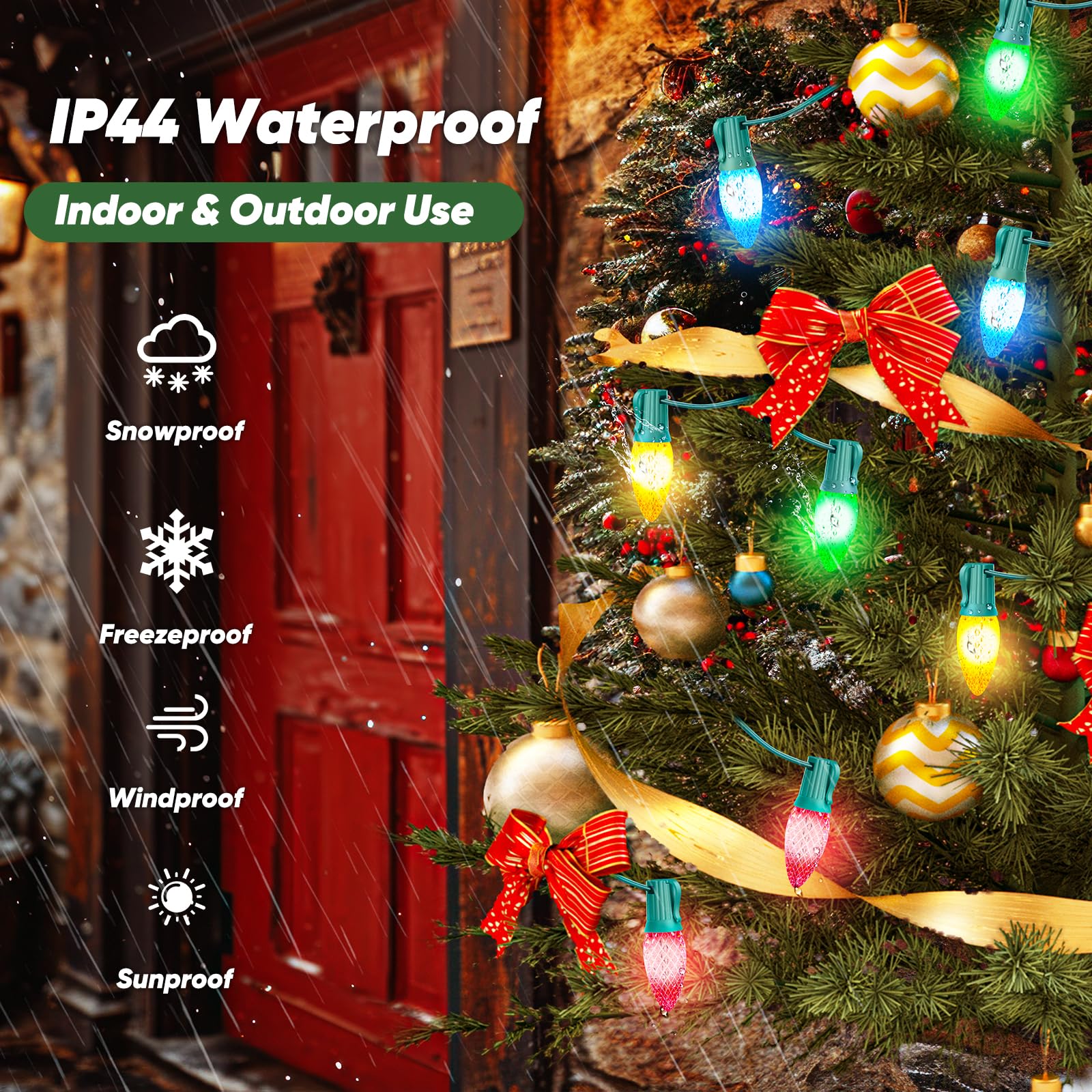 BesLowe C9 Christmas Lights Outdoor, 500FT Green Wire, E17 Sockets, Multicolor, Model GYI-O500RBU