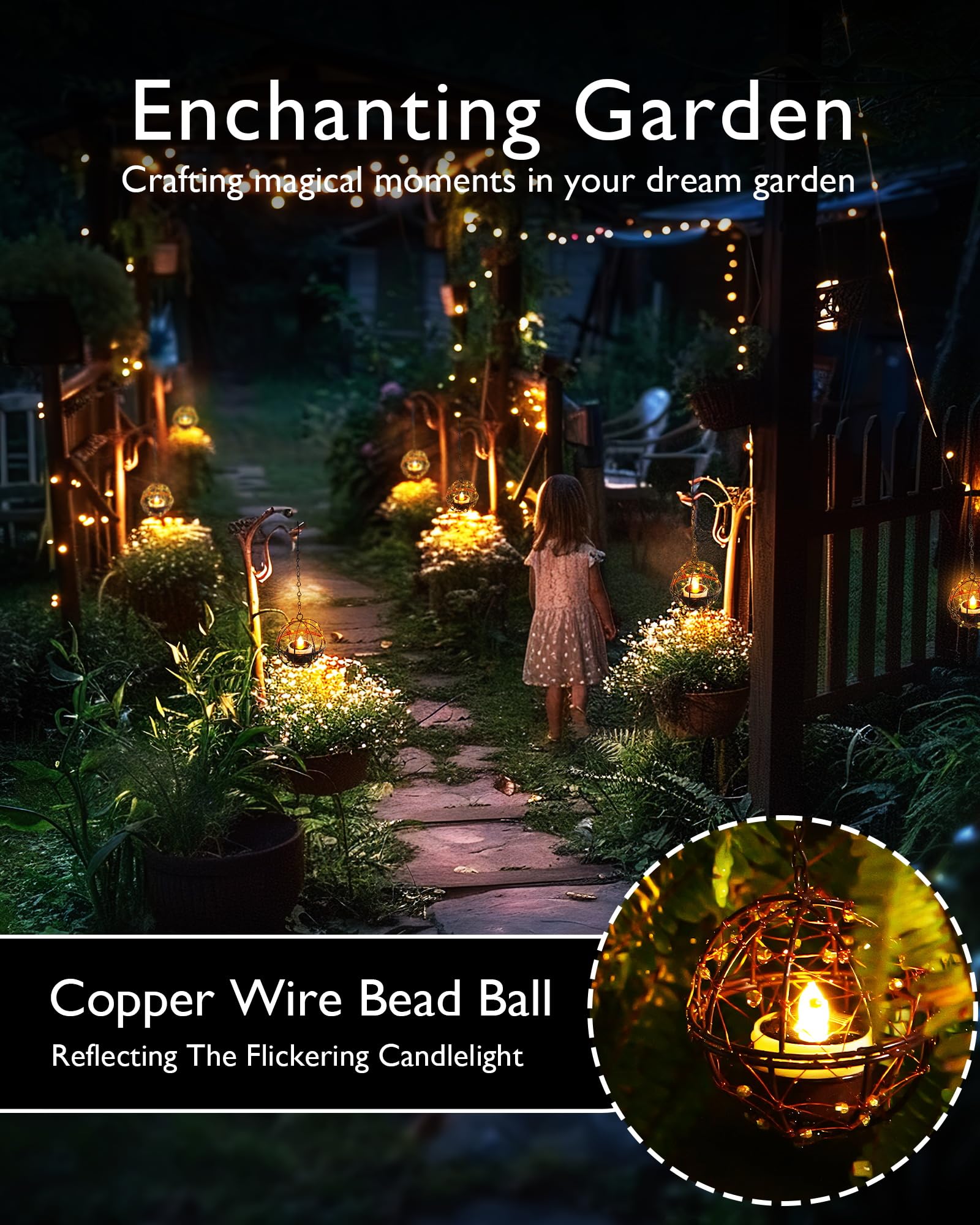 Homemory Solar Tea Lights Outdoor Waterproof Hanging Lanterns, Beaded Copper Wire Ball Holders With Solar Powered Tea Lights Can