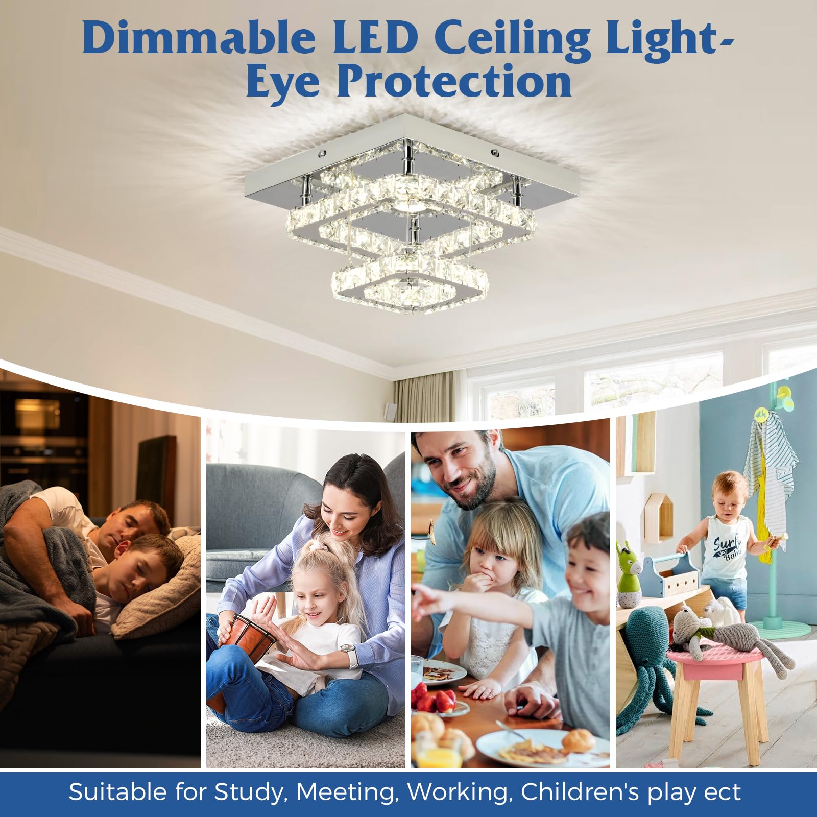 Rheafon 9.8 Inch Modern Crystal Chandeliers Dimmable Led Crystal Ceiling Light Fixtures Square Flush Mount Ceiling Chandelier Li