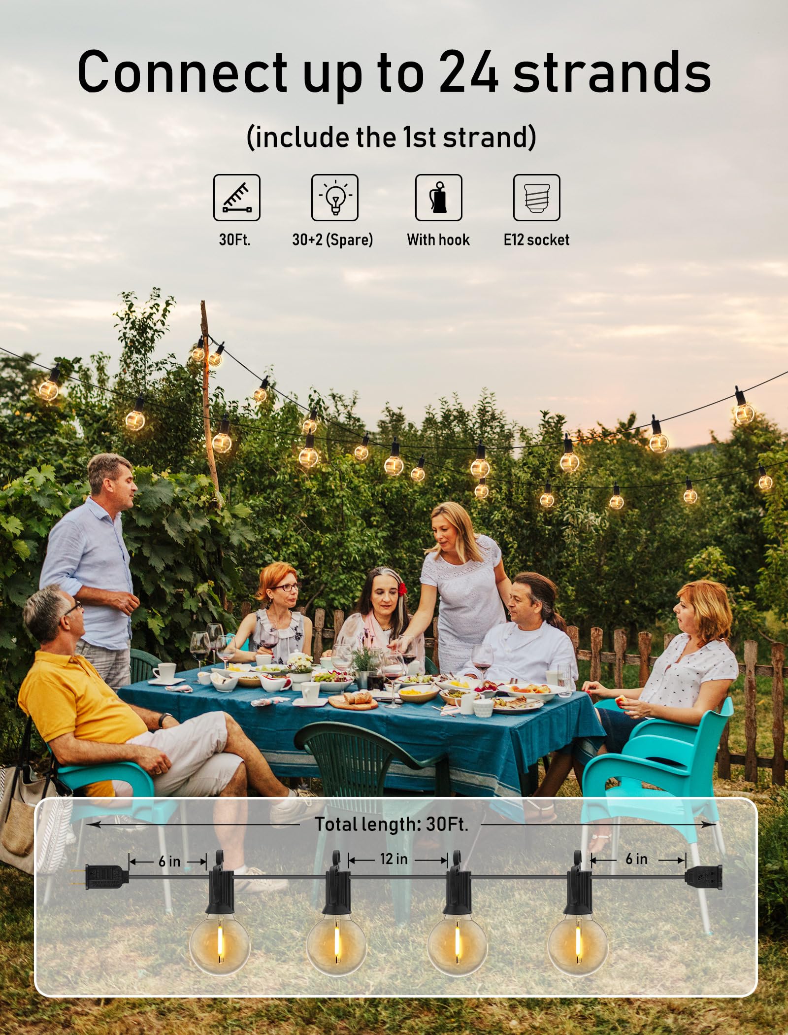 Brightown (2 Pack Outdoor String Lights - Globe Patio Lights 30 Ft With 30 G40 Shatterproof Bulbs, Waterproof Connectable Commer