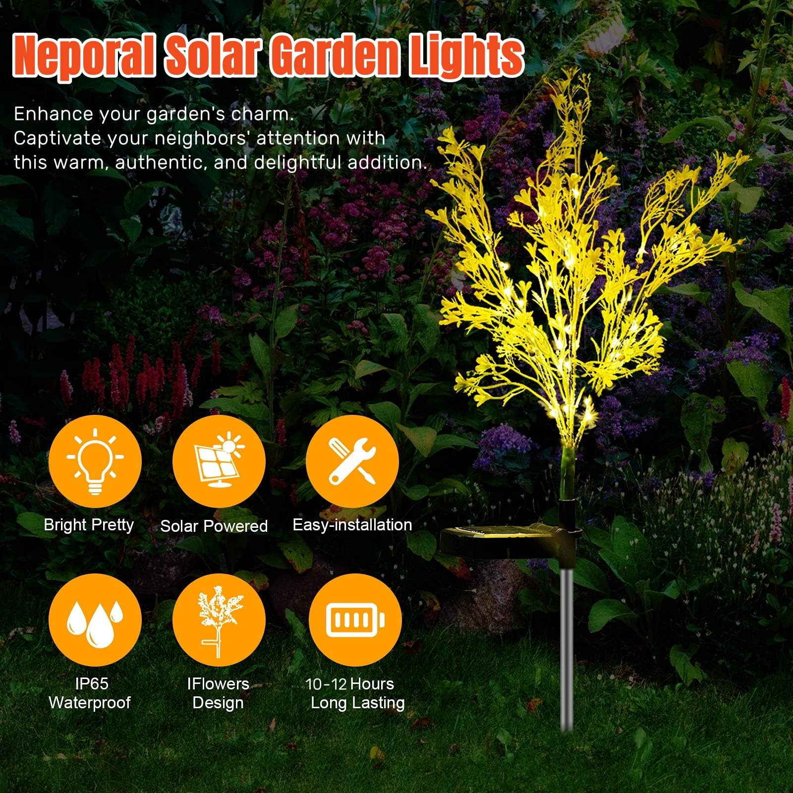 Neporal Solar Garden Lights Outdoor, Waterproof IP65, 4 Pack, Golden Plastic Flowers, Dusk to Dawn Decor, Model fe28834a-3ced-4a62-92c7