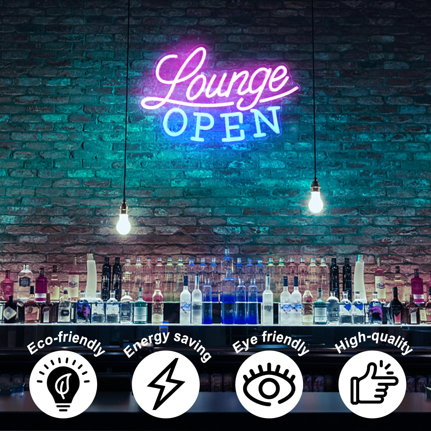 Kullneon Neon Sign - Lounge Open LED Light, Dimmable, Acrylic, 16.7inx10.4in, Pink Blue, Model YL-Lounge for Bar, Night Club,