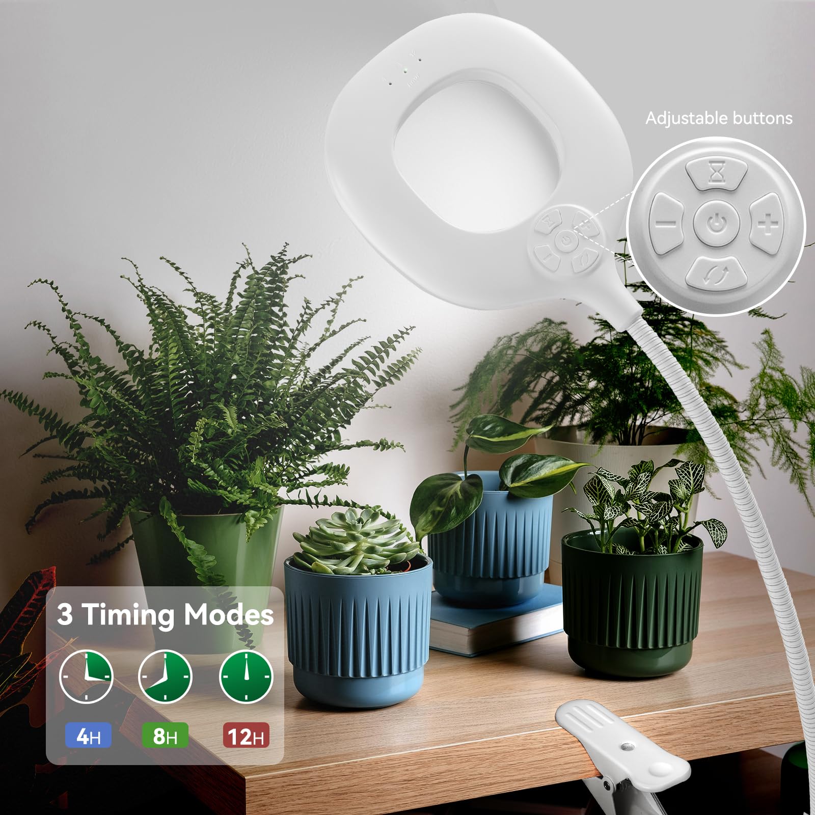 Grow Lights for Indoor Plants Full Spectrum, Clip On Plant Light for Small Plants, Plant Lamp with Adjustable Gooseneck, 4/8/12H