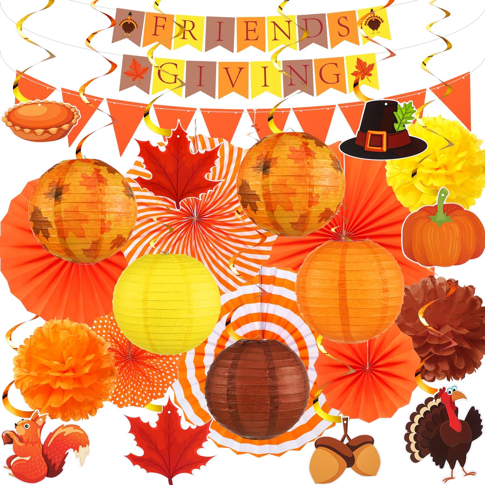 Motiskyy 28 Pcs Thanksgiving Party Decoration Include Friends Giving Banner Autumn Paper Lanterns Pom Pom Hanging Fans Bunting Garland Swirl Streamers For Fall Harvest Birthday