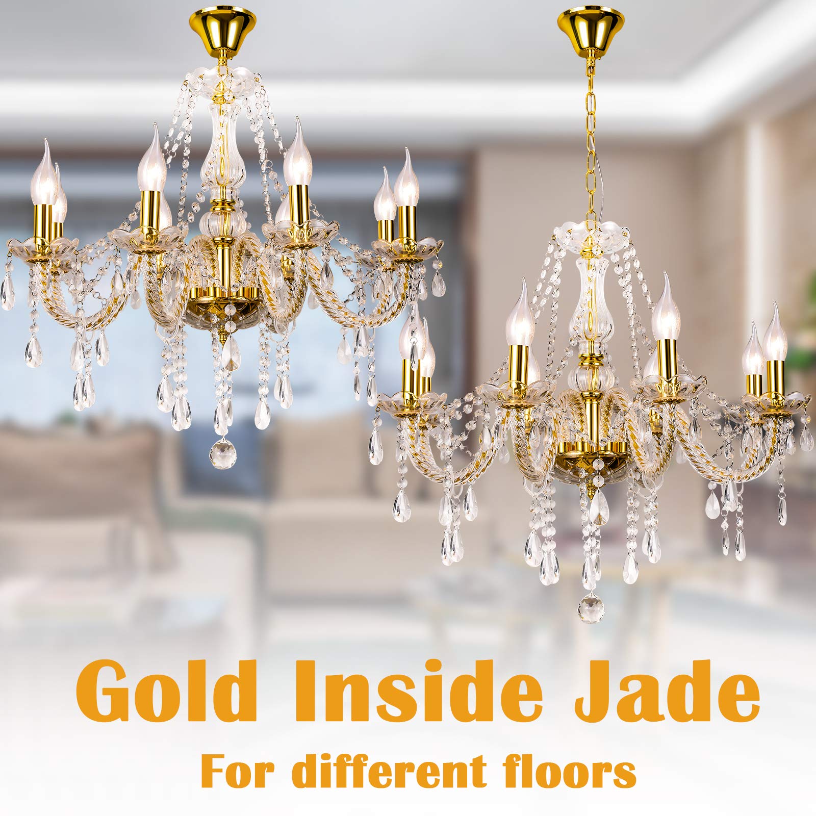 Bavnnro Gold Crystal Chandelier, 8 Lights Modern Glass Pendant Lamp for Dining Room, Living Room, Hall, Balcony
