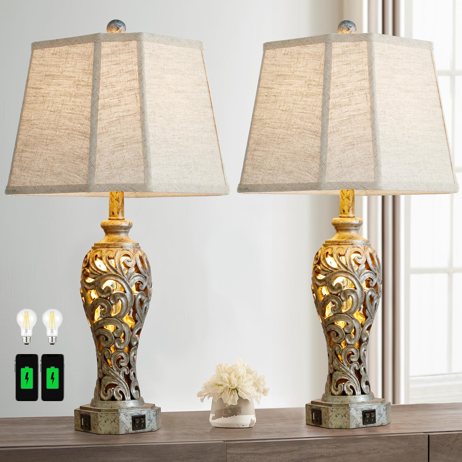 Vintage Table Lamps Set of 2 for Living Room Bedroom, 2 USB Ports 25'' Rustic Farmhouse Desk Lamp with Nightlight, Iron Gray Hol