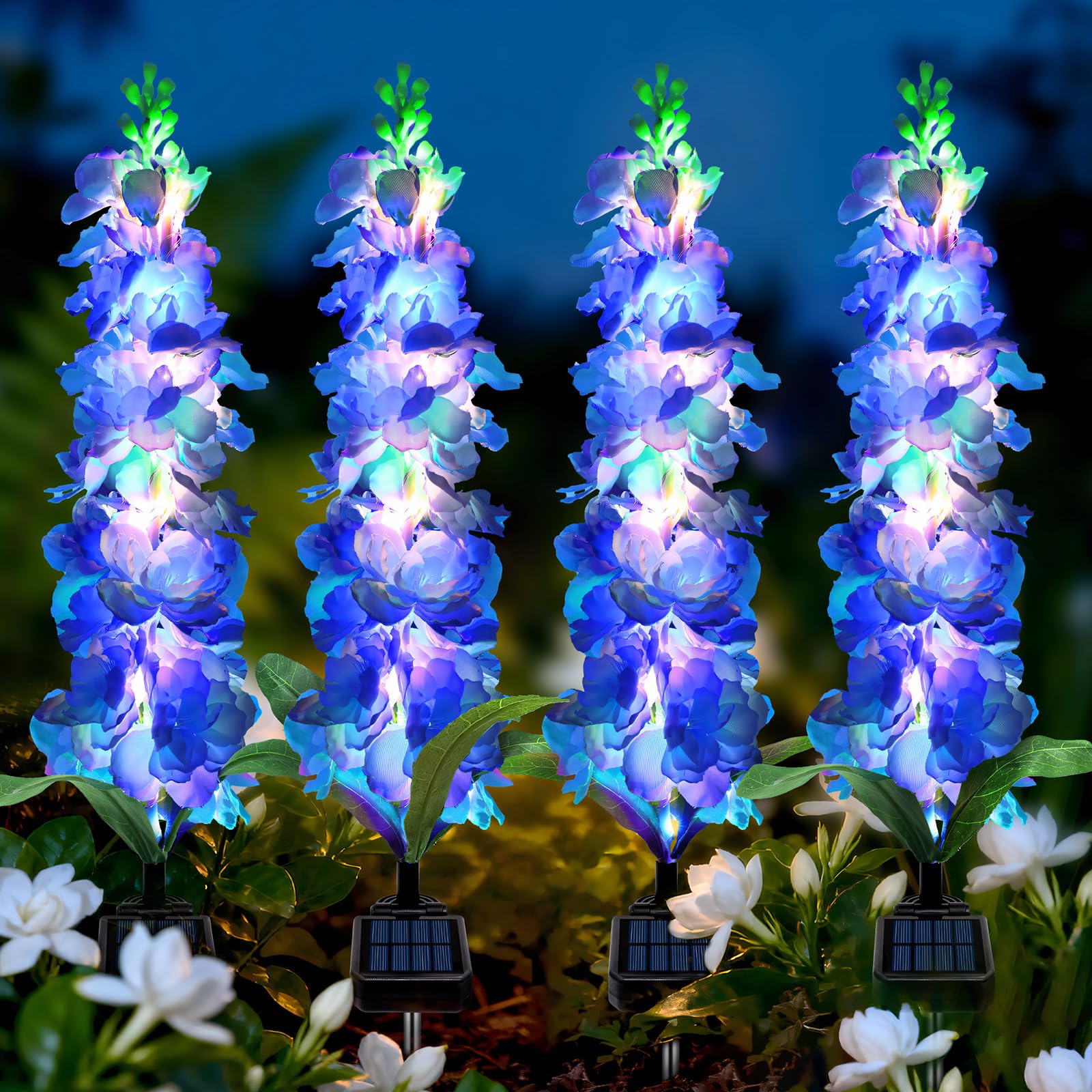 Mrhephaestus Solar Garden Lights  Solar Blue Delphinium Flowers Lights 4 Pack 80 Leds  Waterproof Outdoor Light Two Lighting Modes For Outside Wedding Party Garden Yard Patio Lawn Decor