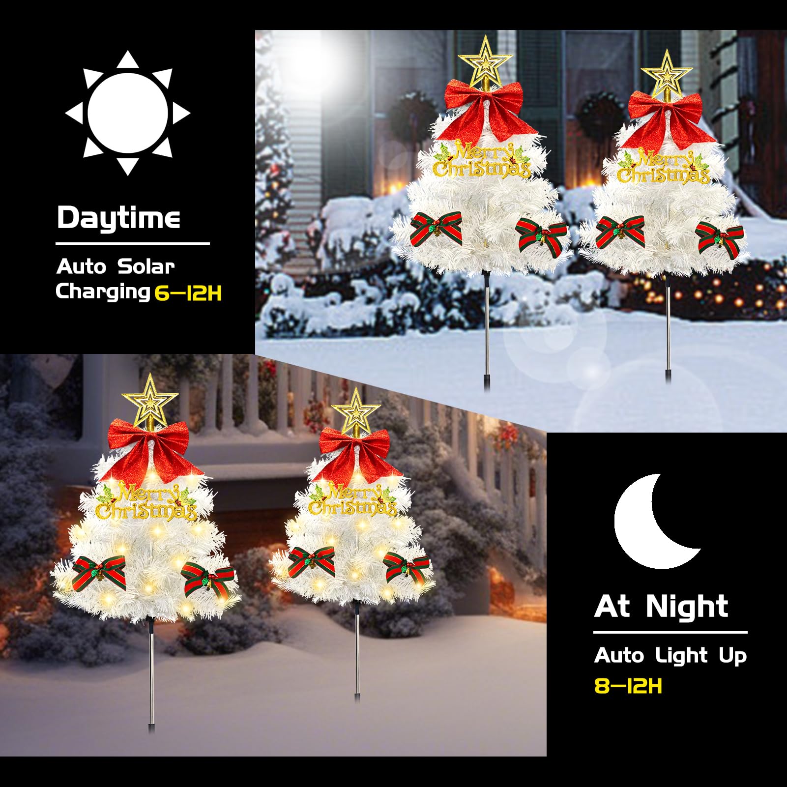 4 Pack Christmas Tree Solar Pathway Lights Outdoor Decorations  Waterproof Artificial Mini Xmas Tree Stake Lights With Diy Ornamets For Garden Yard Porch Decor (White Tree)