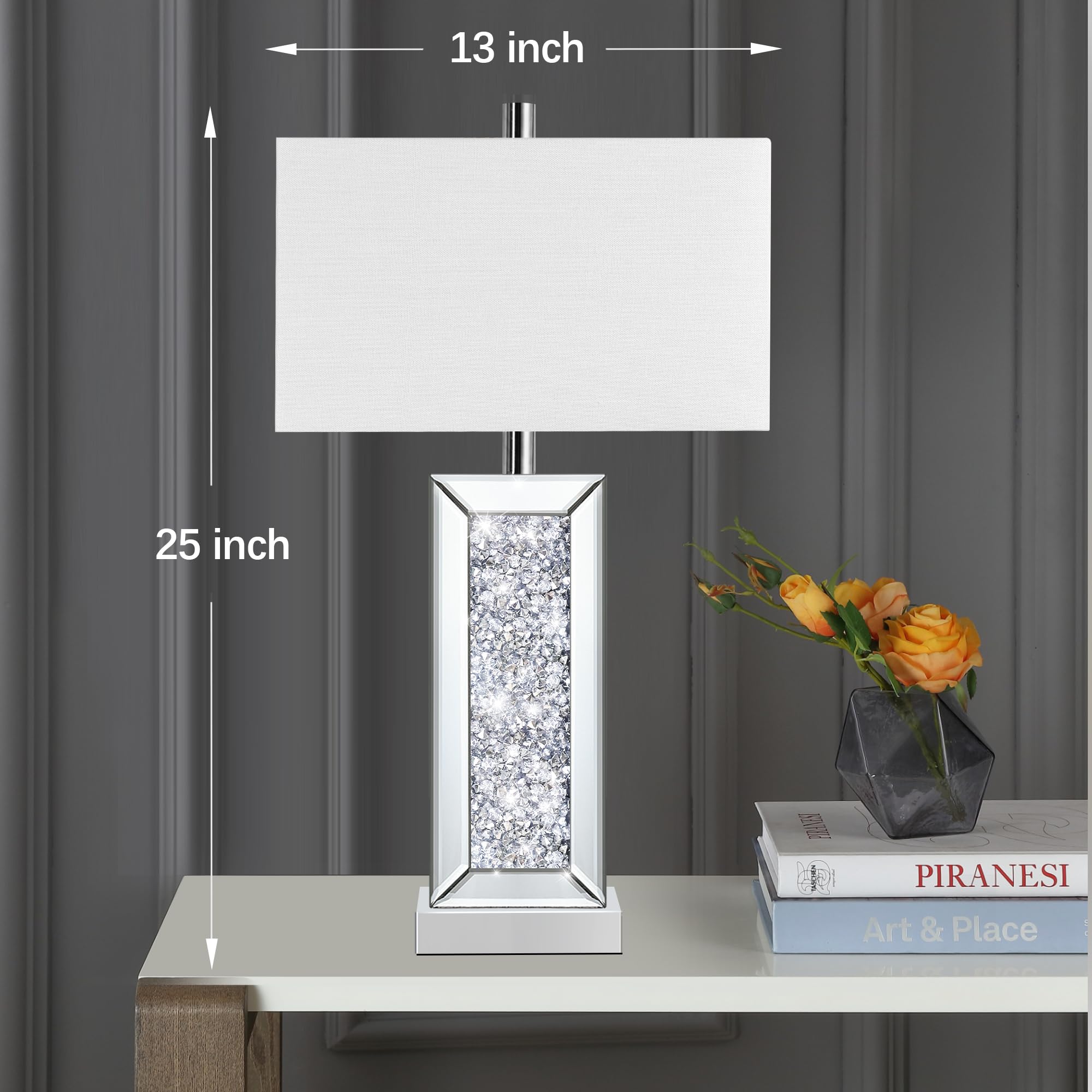 PARTPHONER Modern Table Lamp Set of 2 - Silver Crystal Touch Control, USB Ports, 3-Way Dimmable, White Shade, Model TL021B