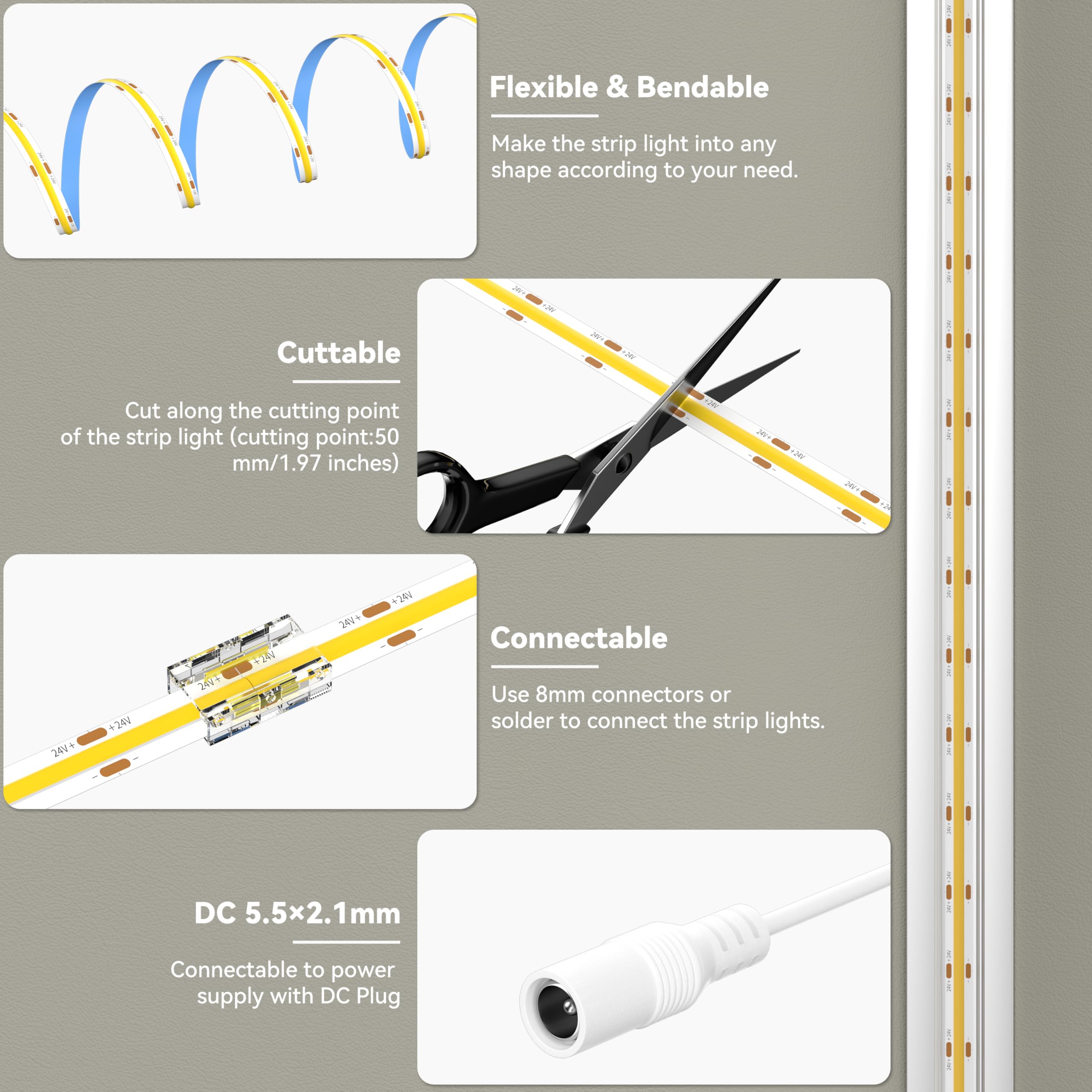 Miwise Cob Led Strip 32.8Ft/10M Cri 90+ Natural White 4000K High Lumen Super Bright Flexible Dc24V Led Tape Light For Cabinet Home Office Diy Lighting Projects(Adapter&Controller Not Included)