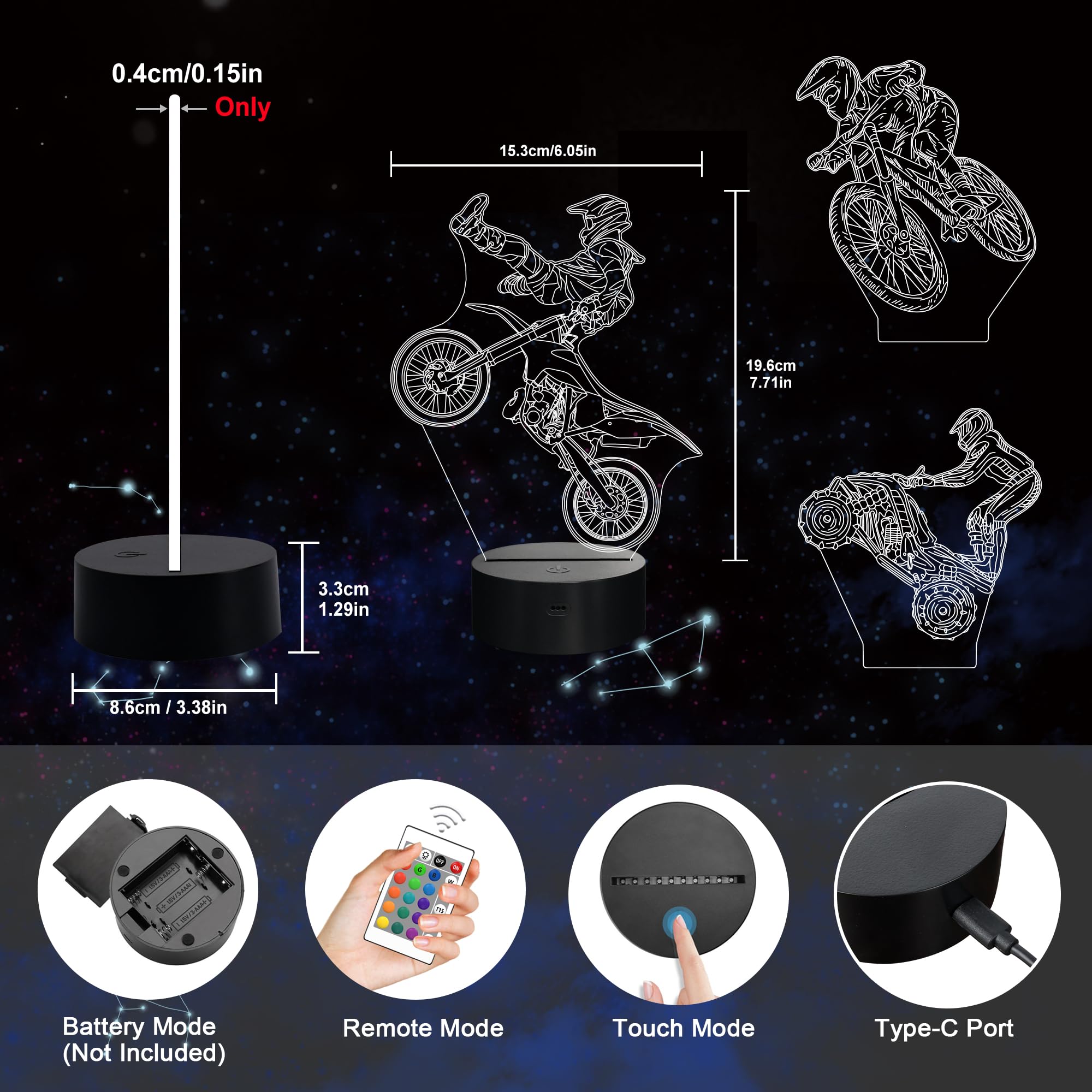 Ammonite Dirt Bike Gifts, 3D Illusion Motocross Night Light For Kids (3 Patterns) With Remote Control & 16 Colors Changing & Dim