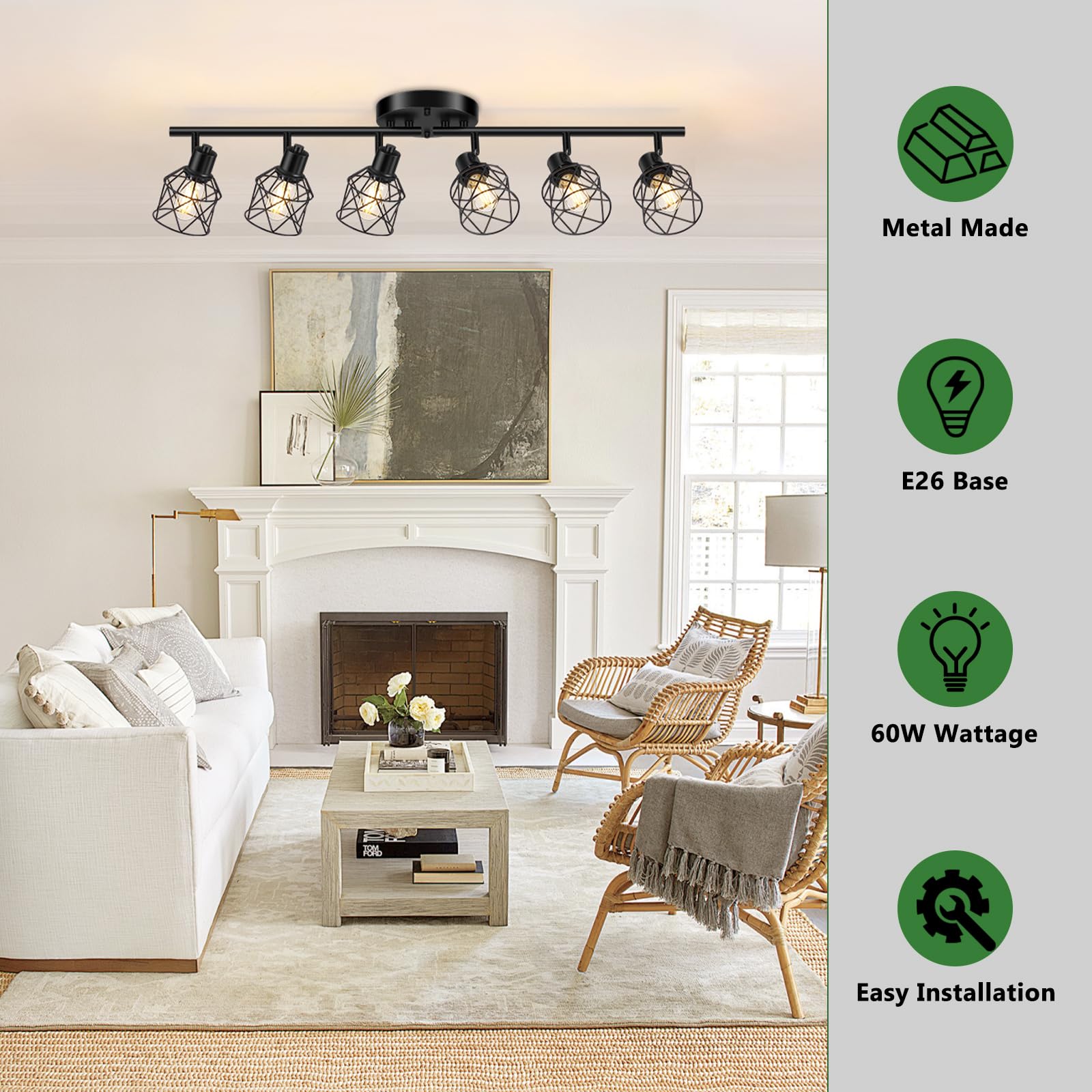 Baocuz 6-Light Black Semi Flush Mount Ceiling Light, Rotatable Metal Track Fixture for Living Room, Dining Table, Foyer