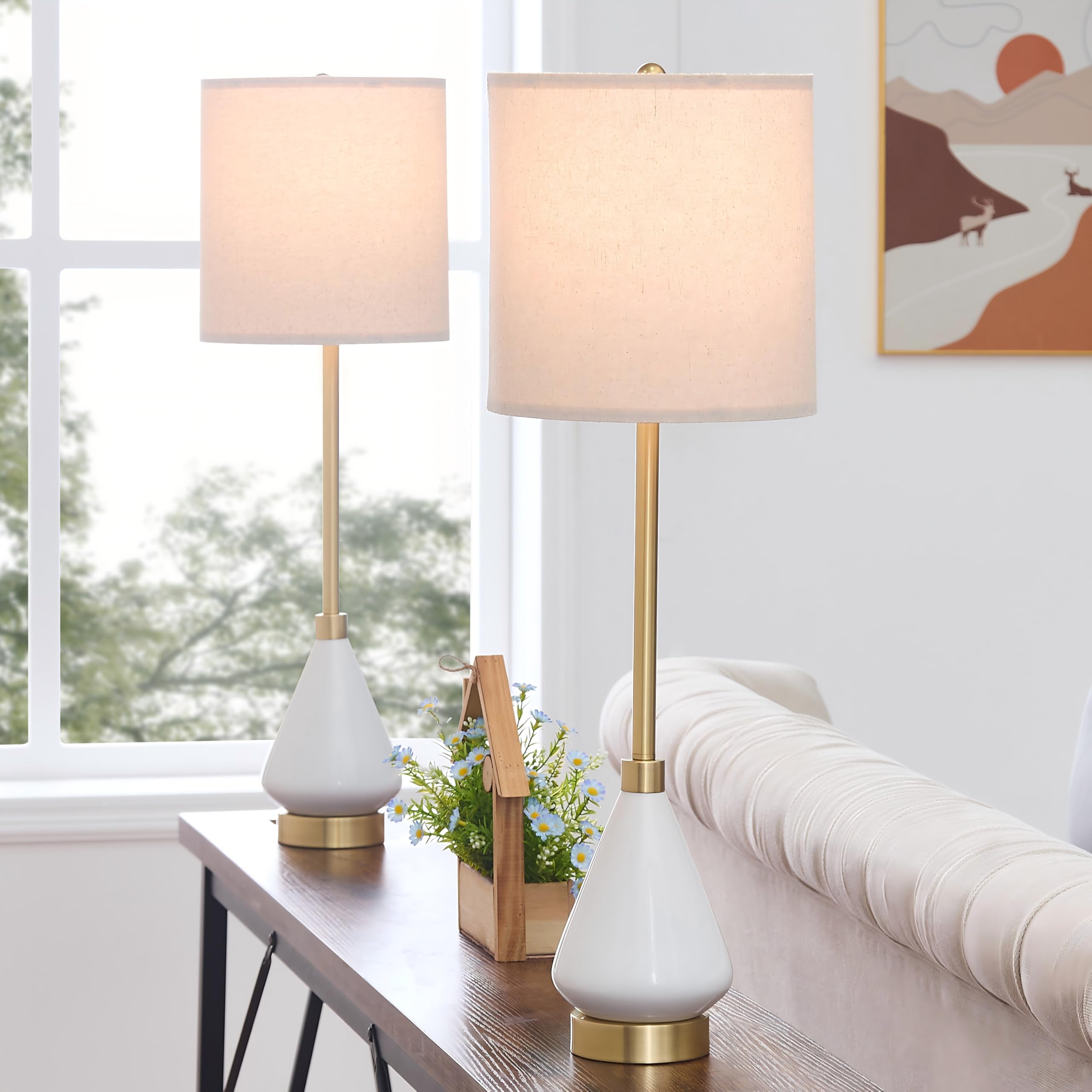 Dggdome 32'' White Buffet Lamps Set Of 2 For Living Room, Ceramic Buffet Table Lamps For Dining Room, Tall Skinny White Gold Lam