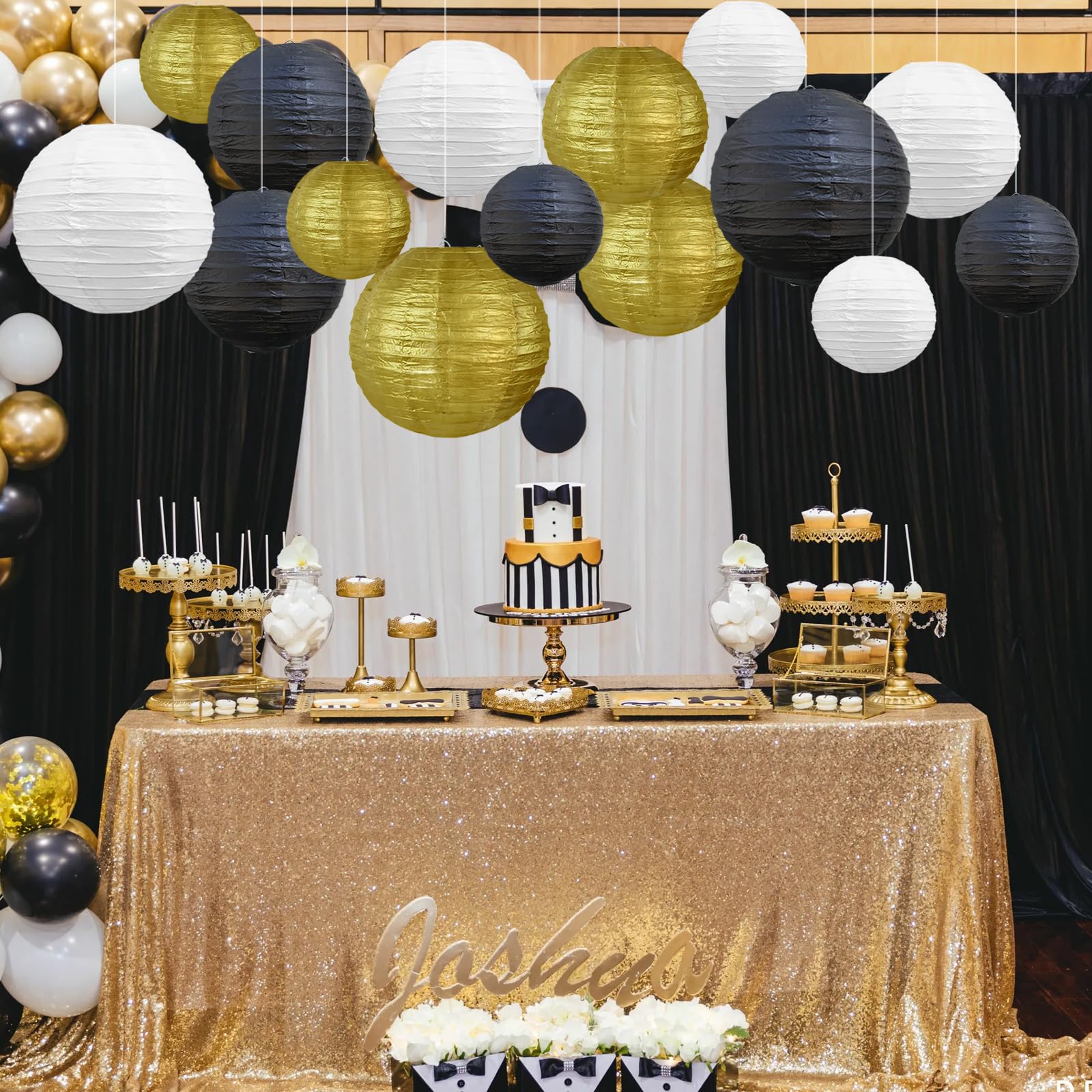 Beishida 16 Pcs Black Gold Paper Lanterns,Hanging Decorative Chinese Japanese Round Paper Lantern Lamp For Wedding Graduation An