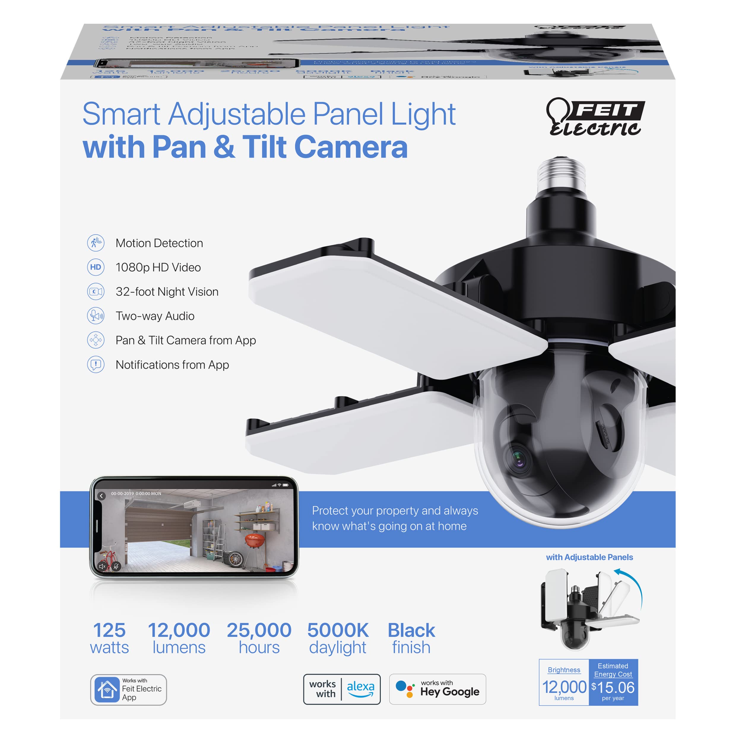 Feit Electric LED Garage Ceiling Light with Camera, WiFi, Motion Sensor, 12000 Lumens, One Size, White, Model ADJ/CAM/PAN/WIFI/LED