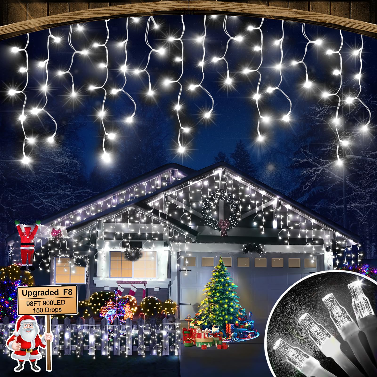 FLVOECN Christmas Lights 98FT 900LED Cool White Waterproof 8 Modes F8 String Lights for Outdoor Holiday Party Wedding