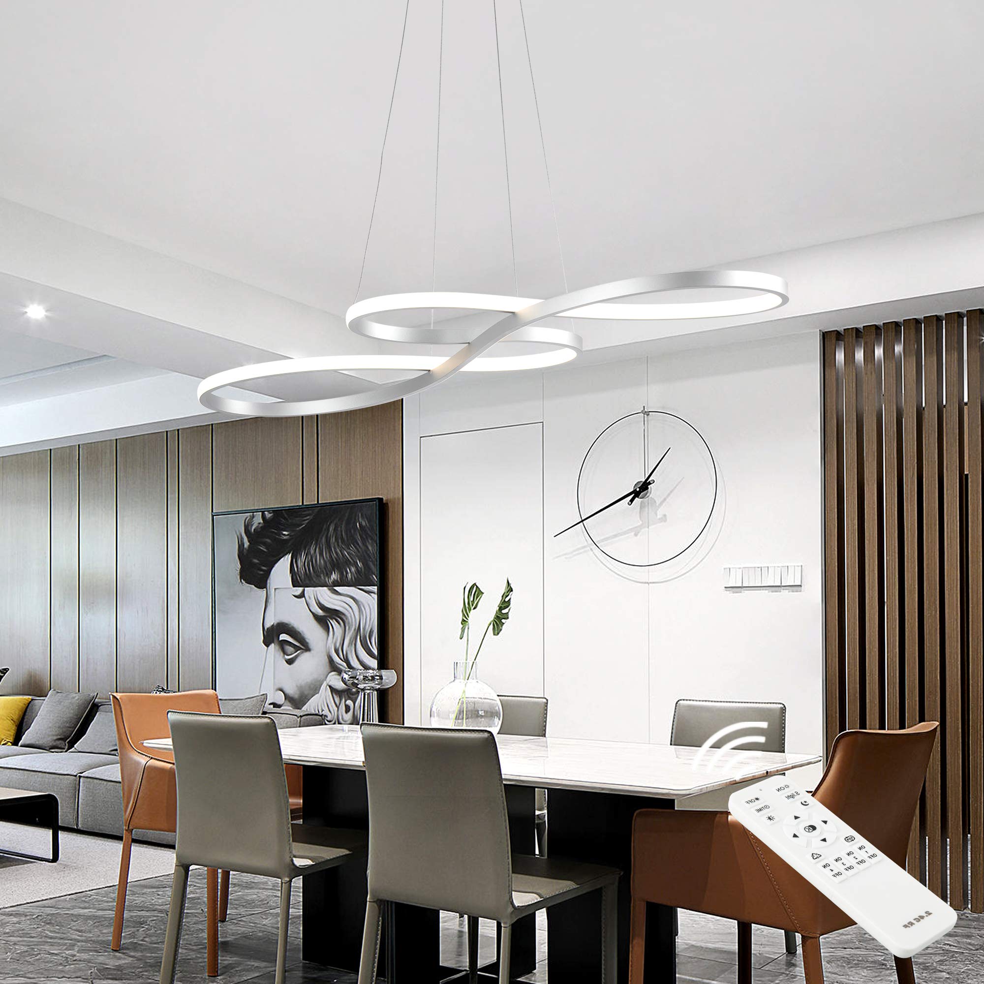 SUNMOO Modern LED Chandelier Pendant Light 60W Dimmable Remote Control Adjustable 3000-6000K Silver