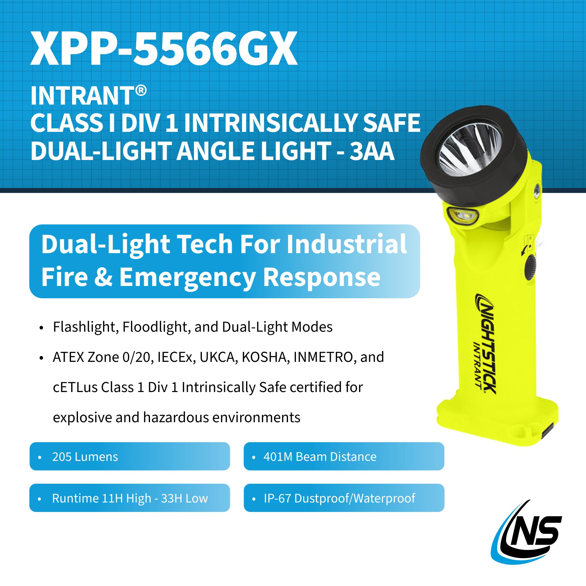 Nightstick Xpp-5566Gx Intrant Intrinsically Safe Dual Angle Light - 3 In 1 Flashlight, Floodlight, Dual-Light - 8 Brightness Mod