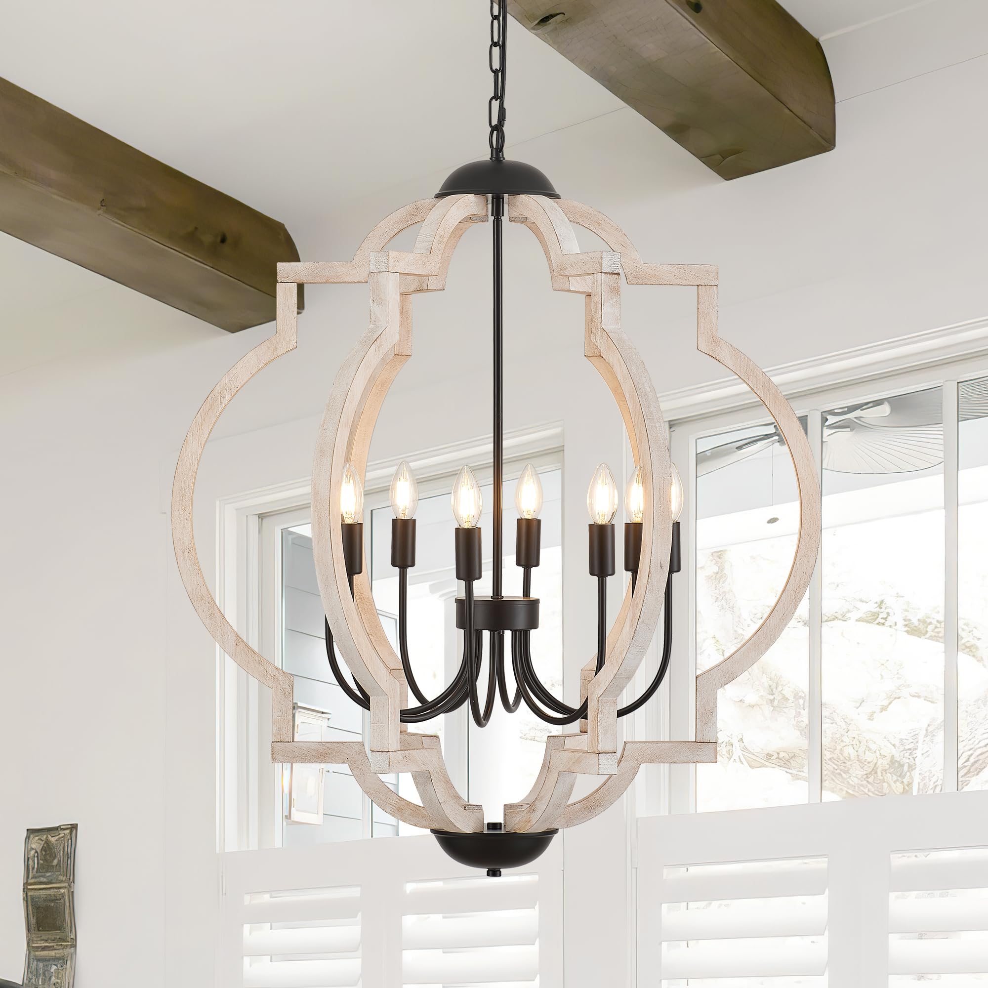 lighceac 8-Light 30.5'' Farmhouse Orb Chandelier Rustic Handmade Distressed White Wood Hanging Ceiling Pendant Light Fixture Woo