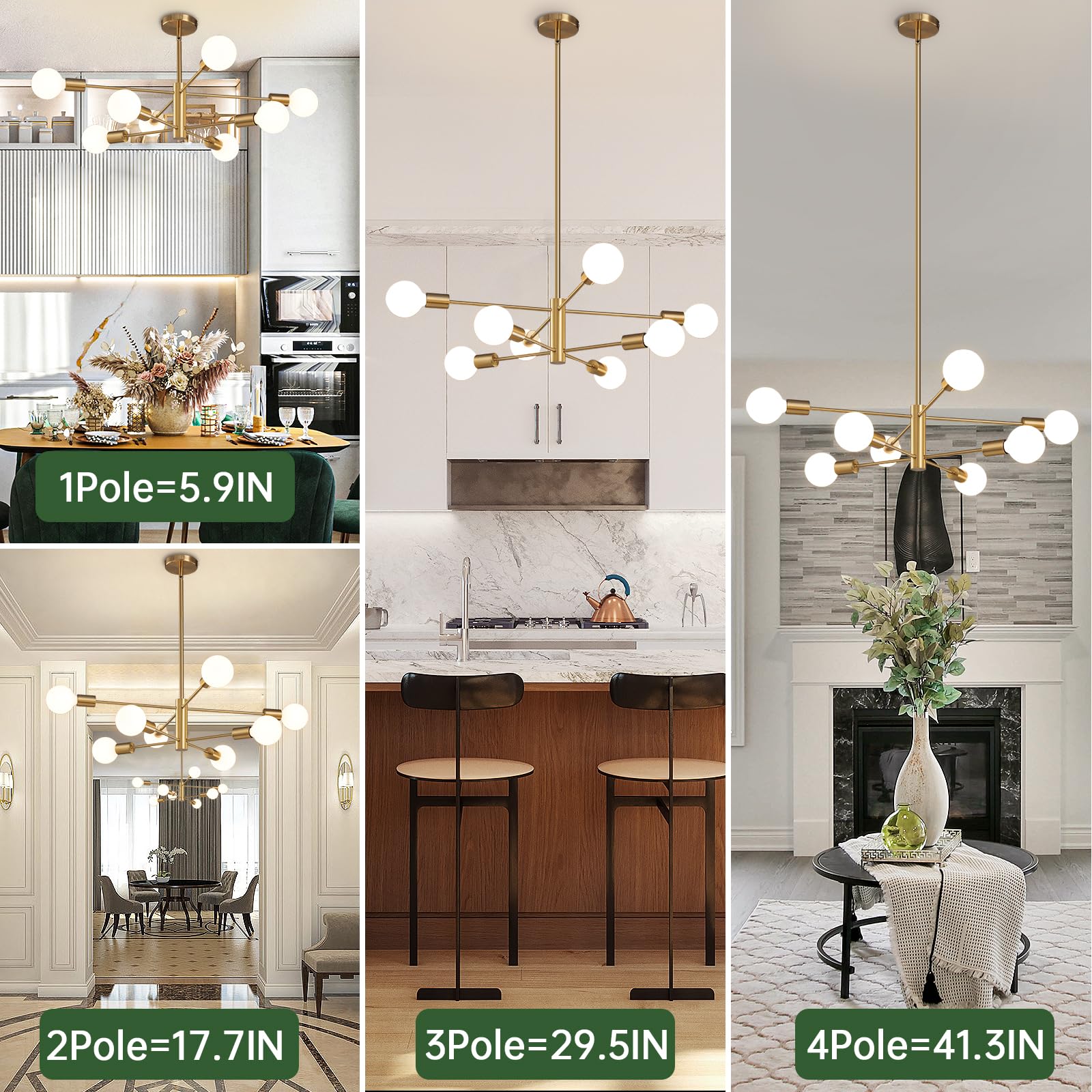Ruiyey Modern Sputnik Chandeliers Light, 8-Light Gold Dining Room Chandelier Over Table, E26 Mid Century Ceiling Light Fixtures