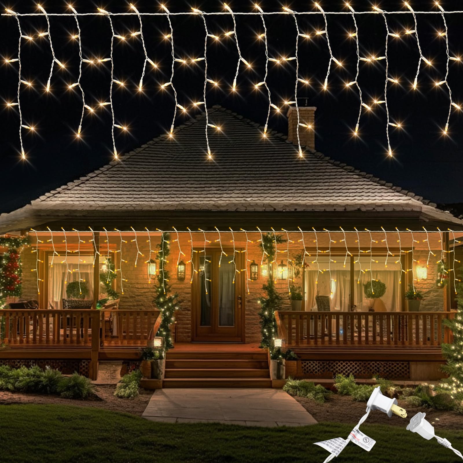 Icicle Lights for Outside 150 10ft 27 Drops Icicle Christmas Lights Outdoor Warm White Incandescent String Lights Indoor and Outdoor UL Listed for Patio Garden Wedding Bedroom (Mini Bulb)