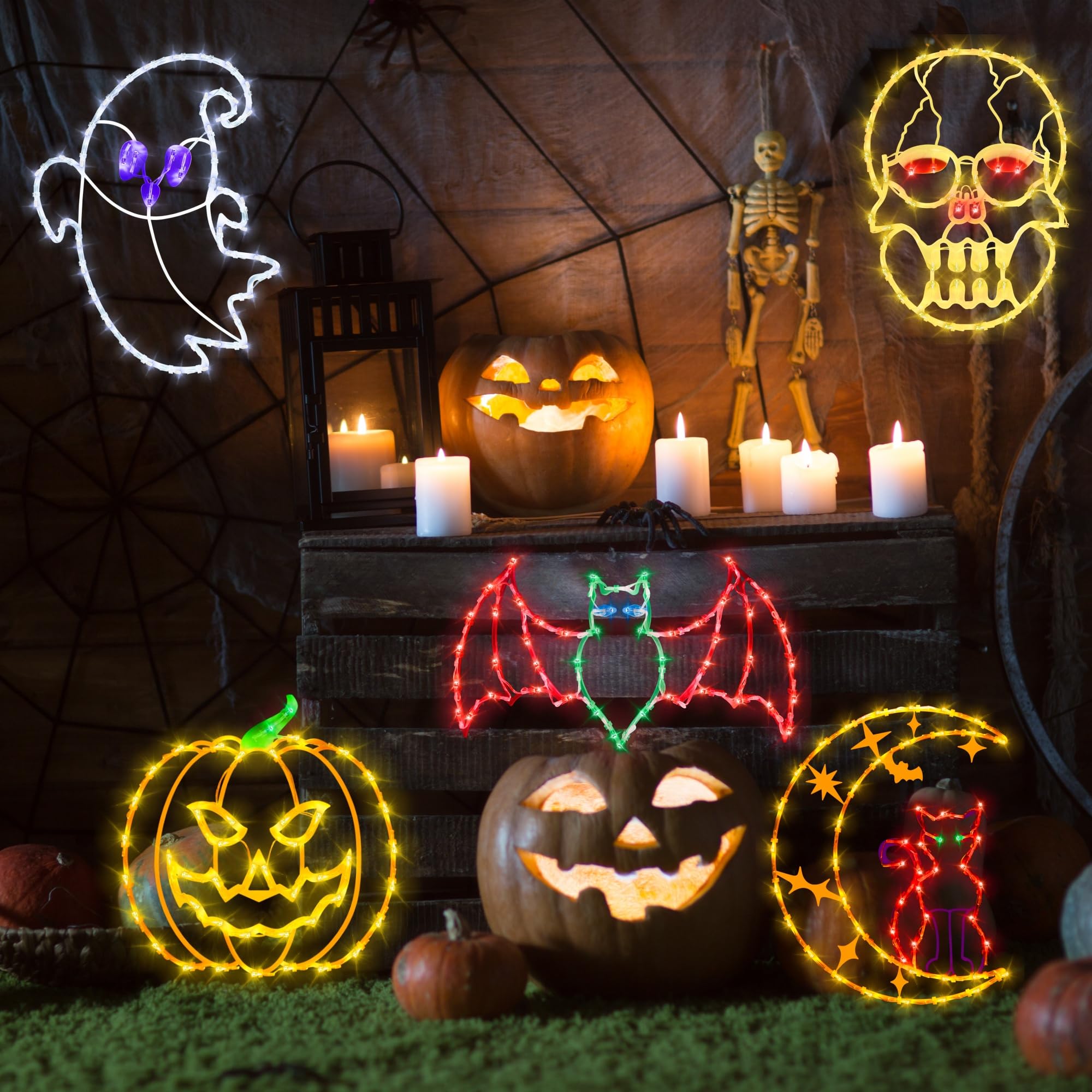 Pytopkto 16" Halloween Window Decorations Lights - 4 Pack Colour Lighted Cat On Moon & Ghost & Pumpkin & Skull Head For Holiday Indoor And Outdoor Wall Door Window Decorate