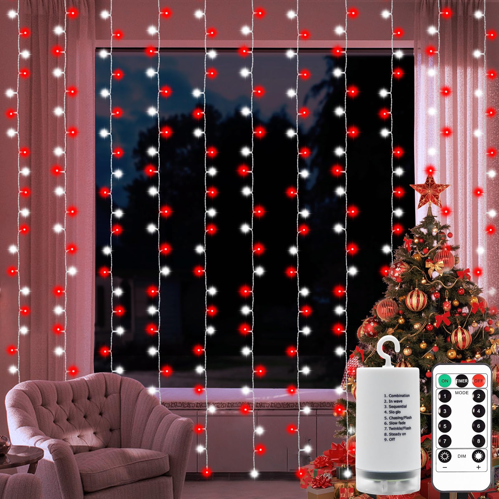 Dealbeta Red White 300Led Christmas Curtain Lights With Remote, 8 Modes, 9.8X9.8Ft